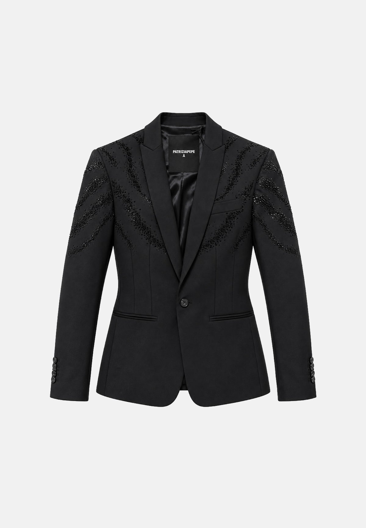 PATRIZIA PEPE Giacca monopetto sartoriale Nero Vinile nera da uomo, in tessuto misto lana, con revers classici, chiusura frontale con bottone, maniche lunghe e particolari dettagli diagonali sulle spalle. 5S661SA1WK K102 PATRIZIA PEPE