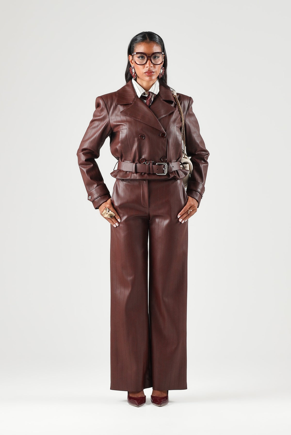 PATRIZIA PEPE Giubbotto in pelle wood brown-marrone da donna con cintura in vita e chiusura asimmetrica 8O0142E0004 B887 PATRIZIA PEPE