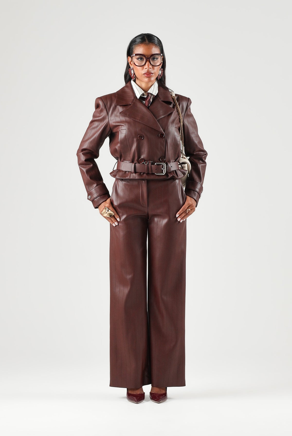PATRIZIA PEPE Pantaloni eleganti wood brown-marrone da donna con chiusura frontale effetto pelle 8P0181E0004 B887 PATRIZIA PEPE
