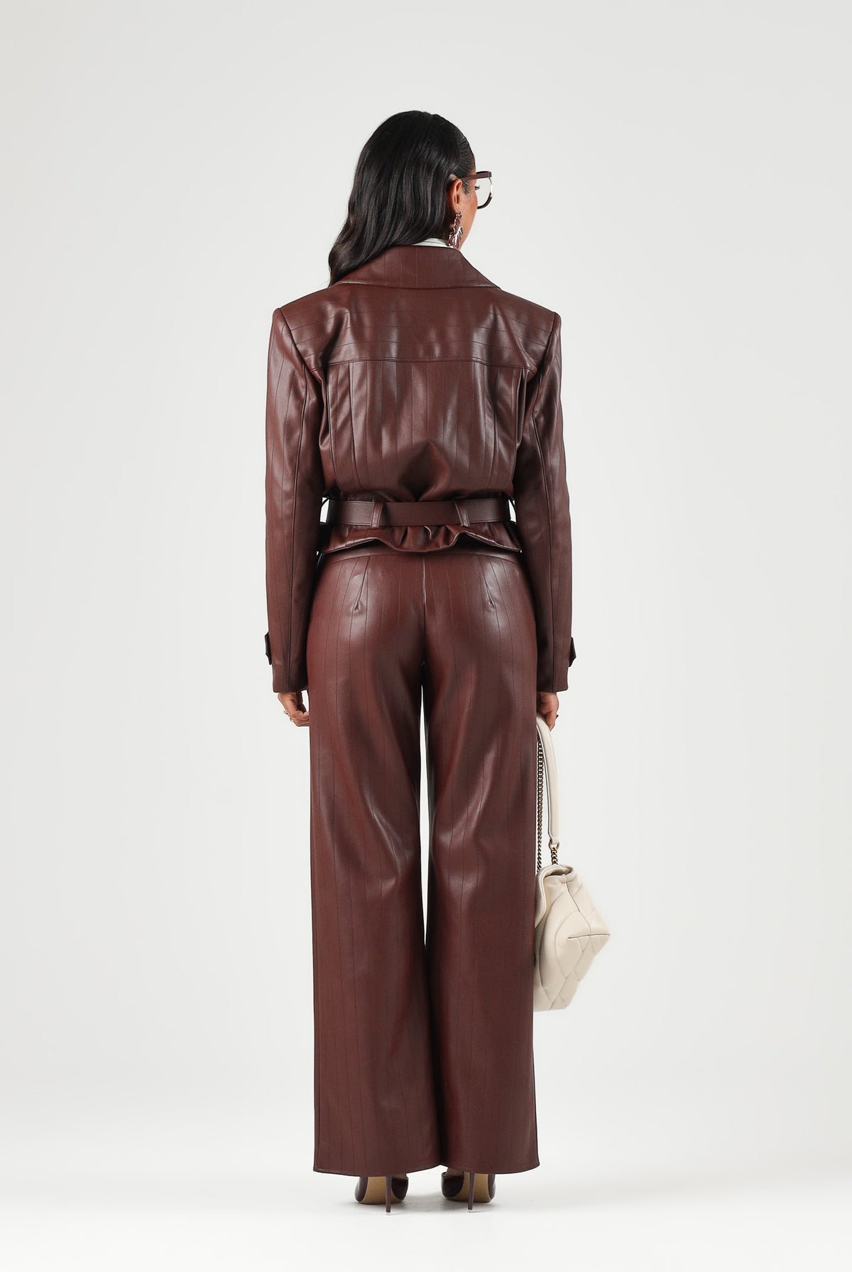 PATRIZIA PEPE Pantaloni eleganti wood brown-marrone da donna con chiusura frontale effetto pelle 8P0181E0004 B887 PATRIZIA PEPE