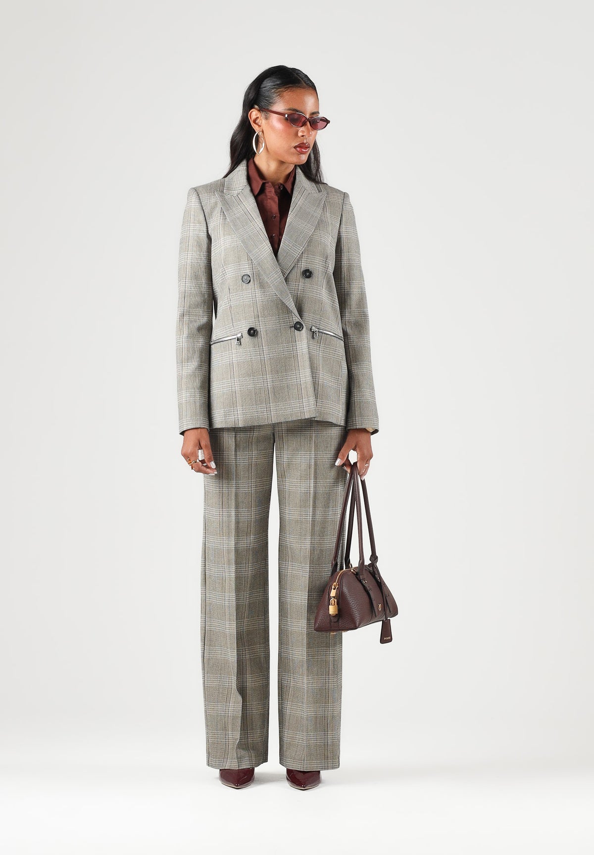 PATRIZIA PEPE Pantaloni eleganti brown check-marrone grigio da donna con fantasia a quadri e pinces frontali 8P0355C8003 F603 PATRIZIA PEPE