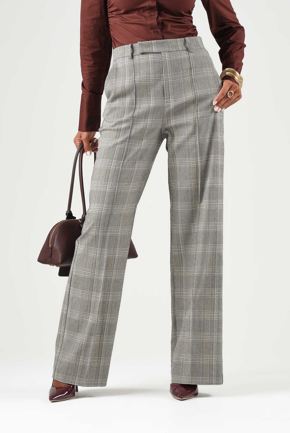 PATRIZIA PEPE Pantaloni eleganti brown check-marrone grigio da donna con fantasia a quadri e pinces frontali 8P0355C8003 F603 PATRIZIA PEPE