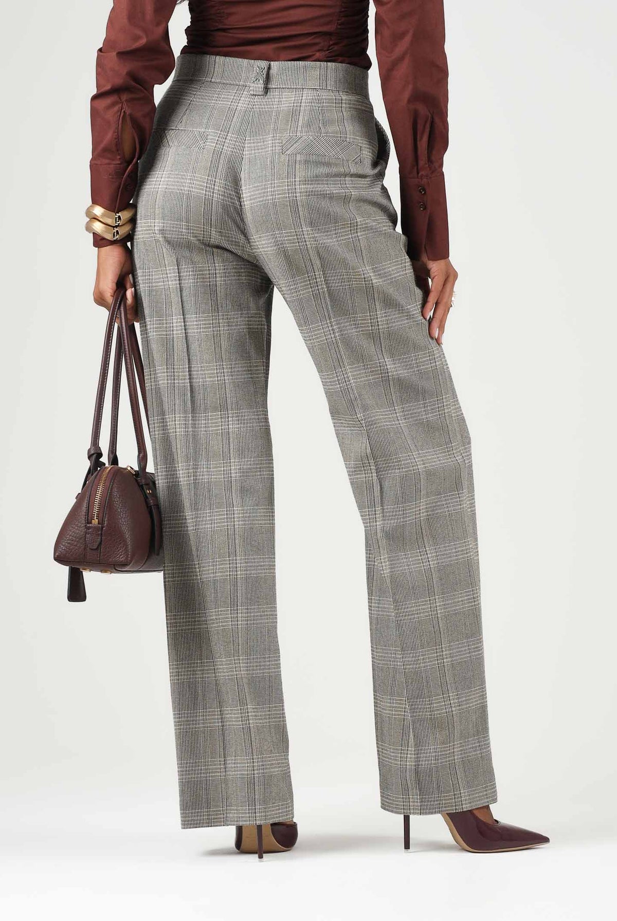 PATRIZIA PEPE Pantaloni eleganti brown check-marrone grigio da donna con fantasia a quadri e pinces frontali 8P0355C8003 F603 PATRIZIA PEPE