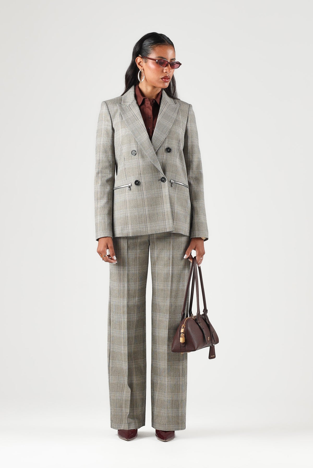 PATRIZIA PEPE Giacca doppiopetto brown check marrone- grigio da donna con revers classici. 8S0089C8003 F603 PATRIZIA PEPE