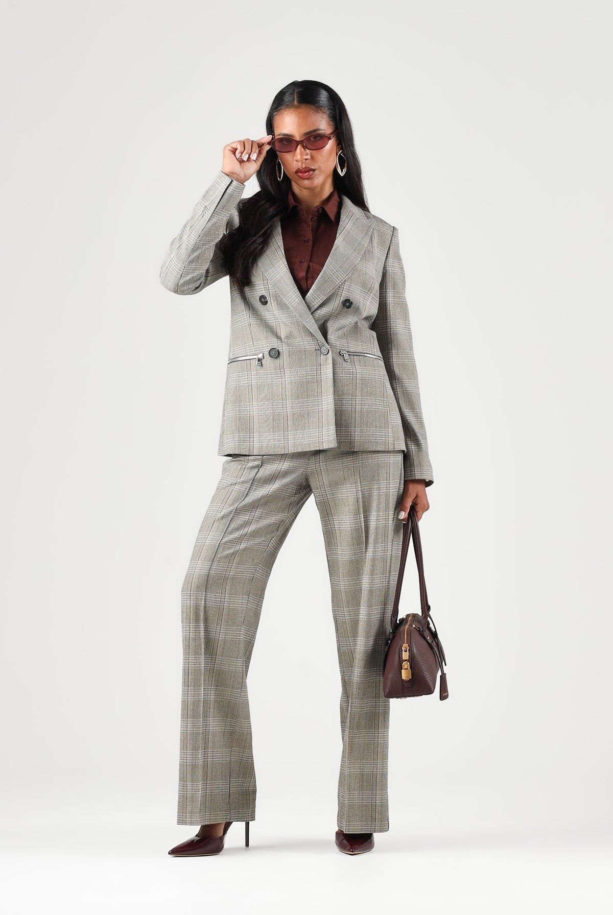 PATRIZIA PEPE Giacca doppiopetto brown check marrone- grigio da donna con revers classici. 8S0089C8003 F603 PATRIZIA PEPE
