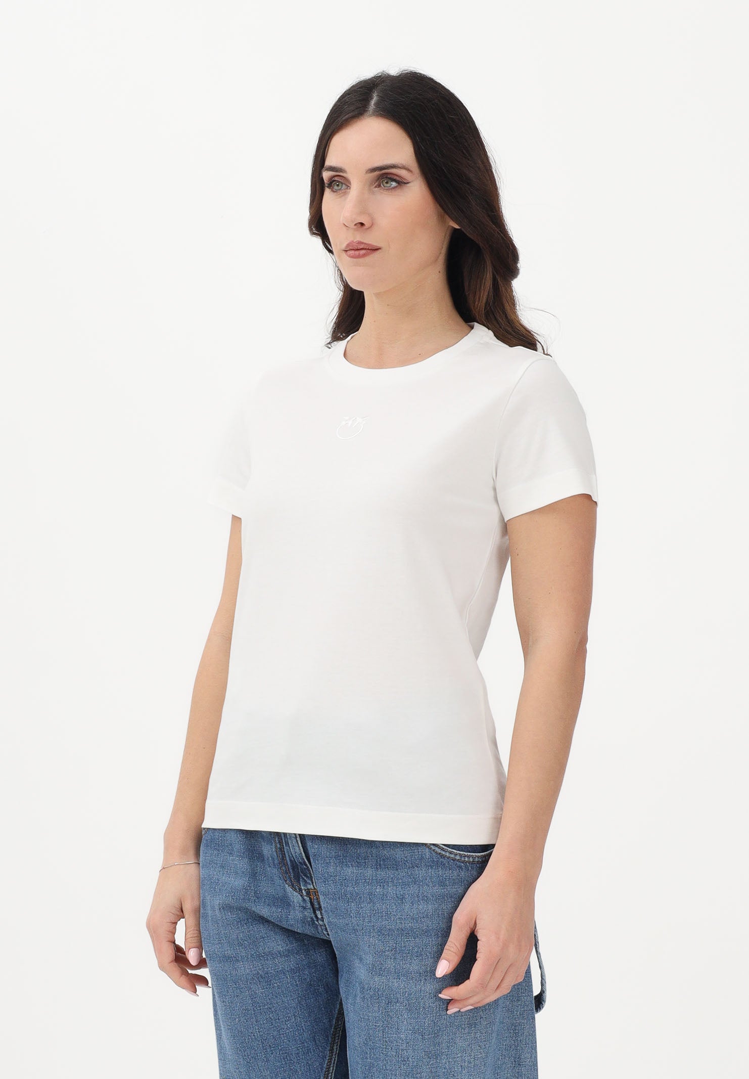 PINKO T-shirt a manica corta bianca da donna con ricamo logo Love Birds 100355A339 Z05 PINKO