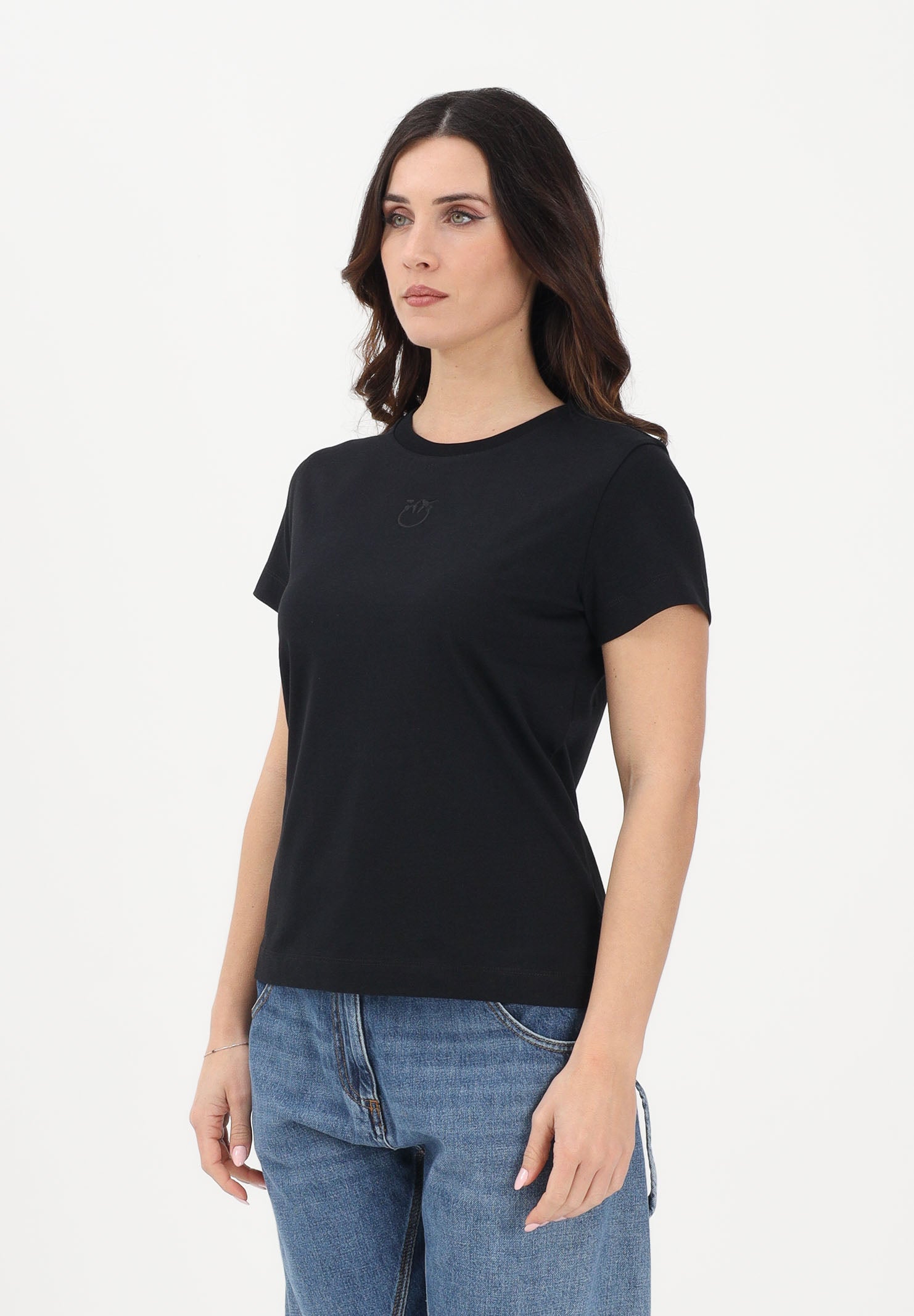 PINKO T-shirt a manica corta nera da donna con ricamo logo Love Birds 100355A339 Z99 PINKO