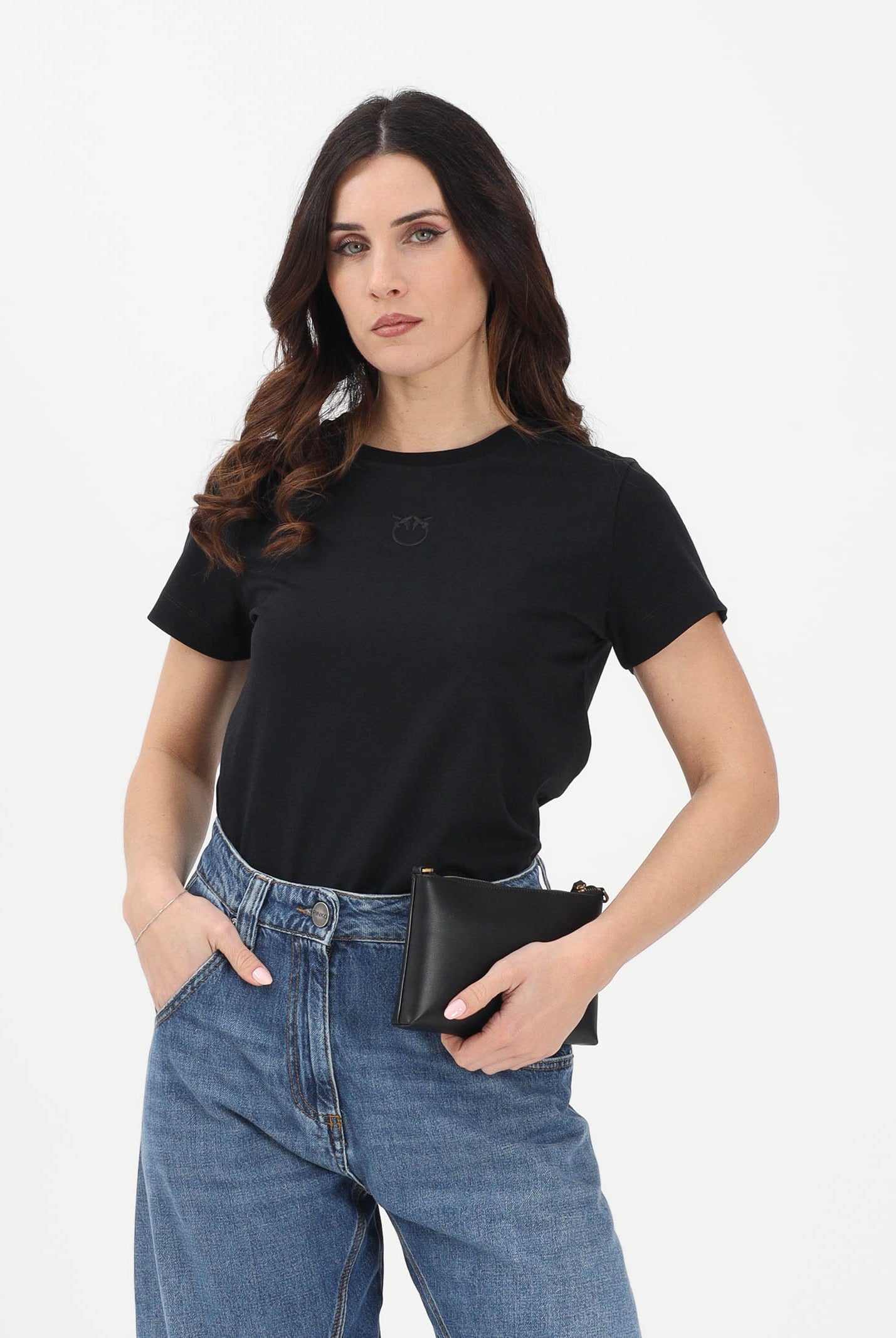 PINKO T-shirt a manica corta nera da donna con ricamo logo Love Birds 100355A339 Z99 PINKO