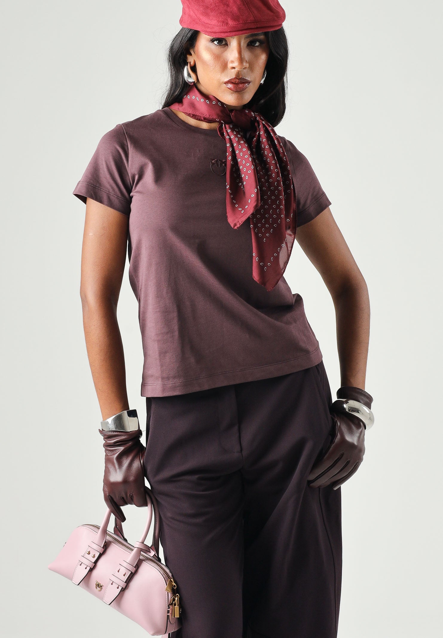PINKO T-shirt BUSSOLOTTO Bordeaux scuro da donna con logo LOVE BIRDS 100355A3HM RR7 PINKO