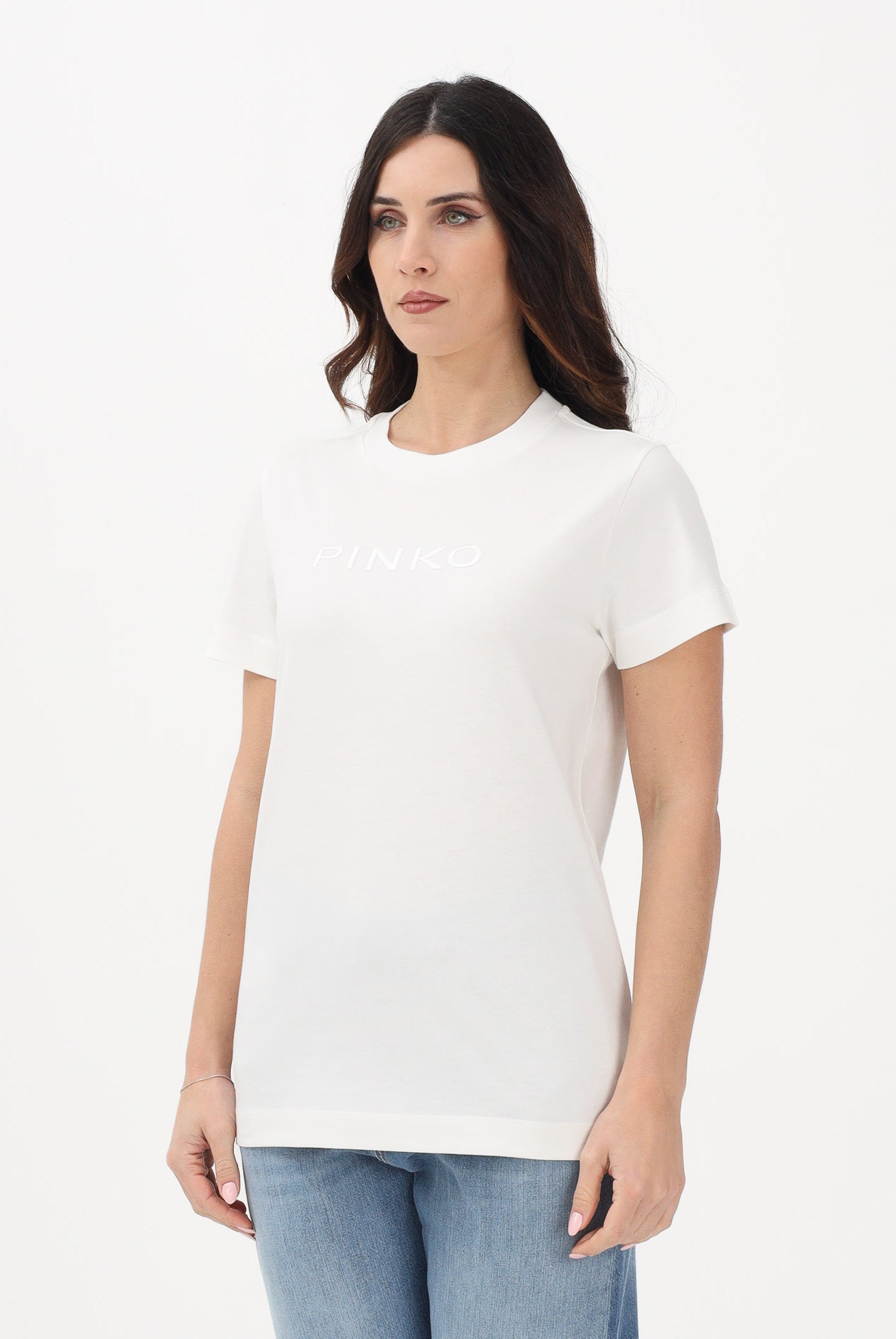 PINKO T-shirt a manica corta bianca da donna con ricamo logo 101752A339 Z05 PINKO