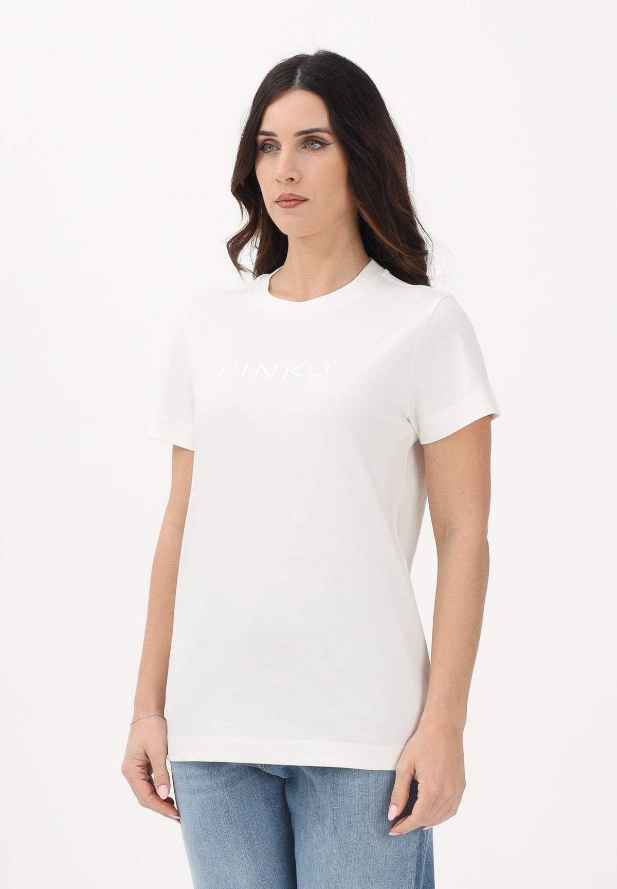 PINKO T-shirt a manica corta bianca da donna con ricamo logo 101752A339 Z05 PINKO
