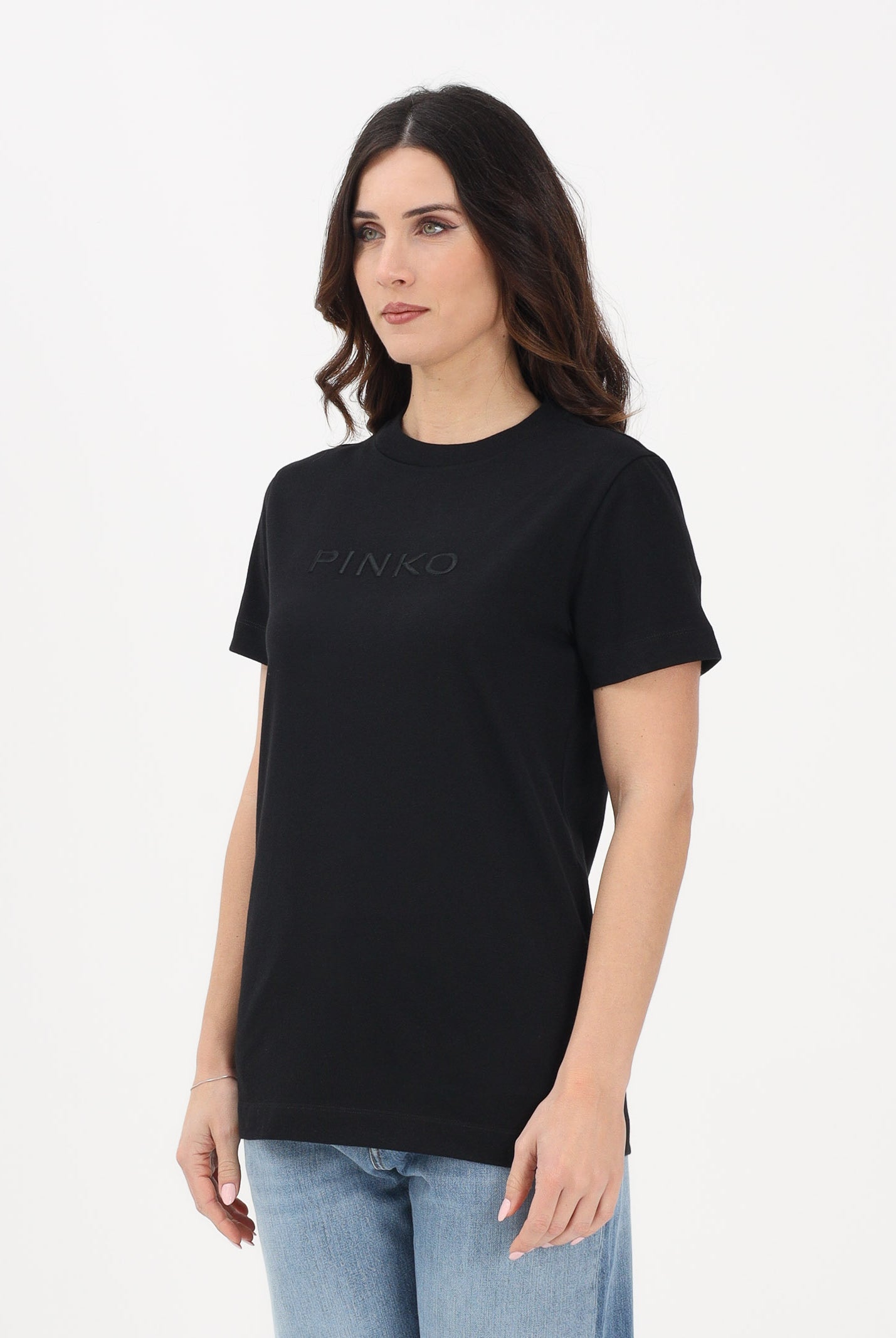 PINKO T-shirt a manica corta nera da donna con ricamo logo 101752A339 Z99 PINKO