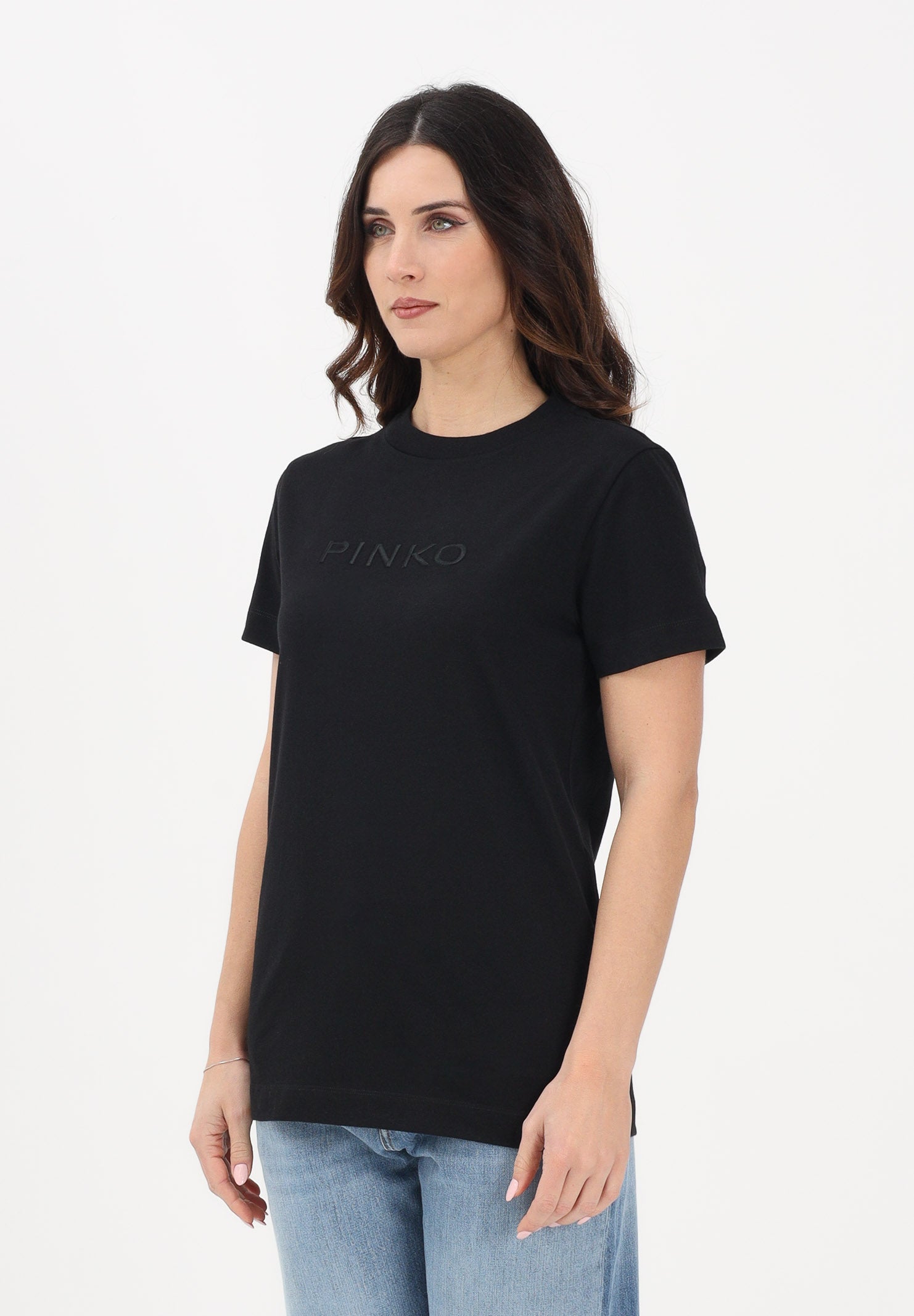 PINKO T-shirt a manica corta nera da donna con ricamo logo 101752A339 Z99 PINKO