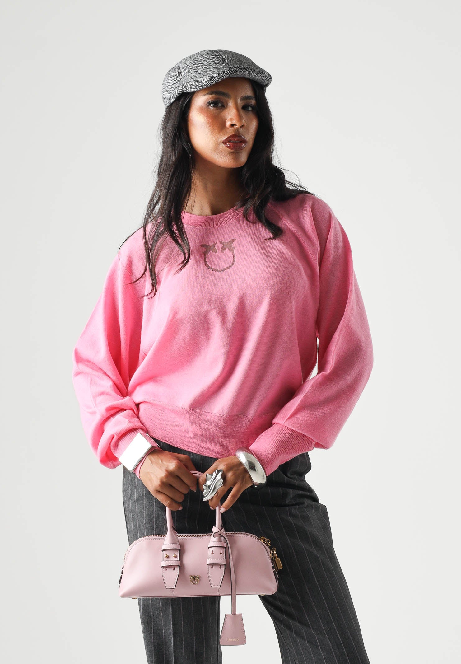 PINKO Maglia LANZAROTE rosa garofalo da donna con logo LOVE BIRDS 105417A18M O00 PINKO