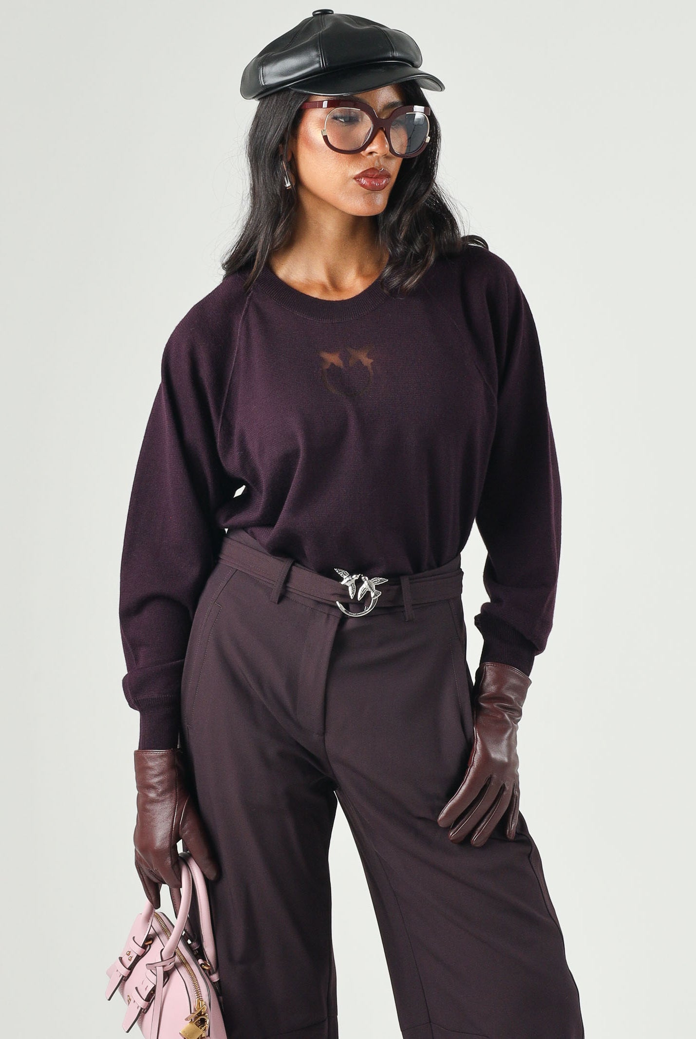 PINKO Maglia LANZAROTE viola prugna da donna con logo LOVE BIRDS 105417A18M W63 PINKO