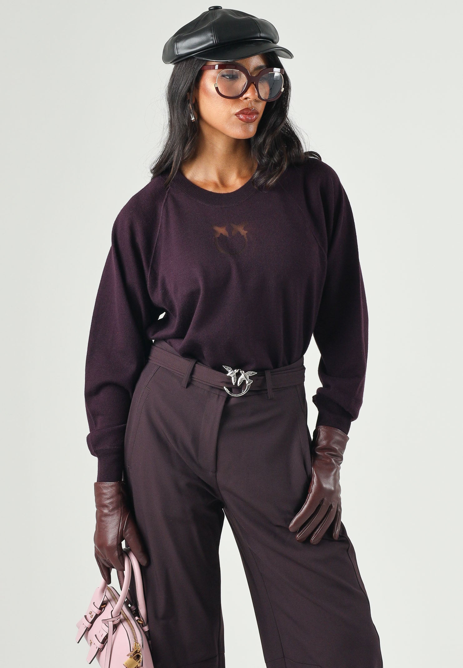 PINKO Maglia LANZAROTE viola prugna da donna con logo LOVE BIRDS 105417A18M W63 PINKO