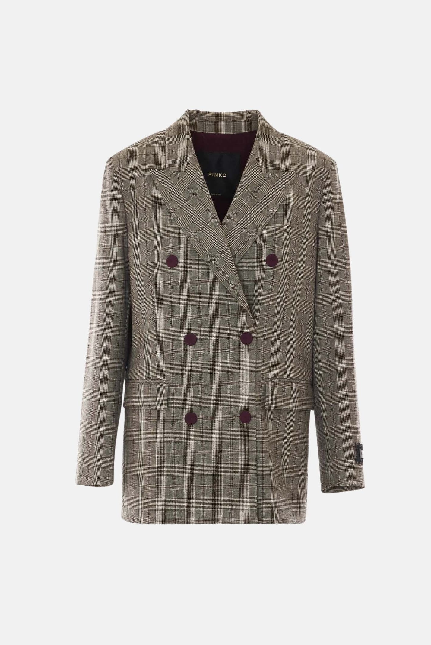 PINKO Giacca NEW GUINEA doppiopetto beige-bordeaux da donna con fantasia Principe di Galles.<BR/> 105617A3FF CYZ PINKO