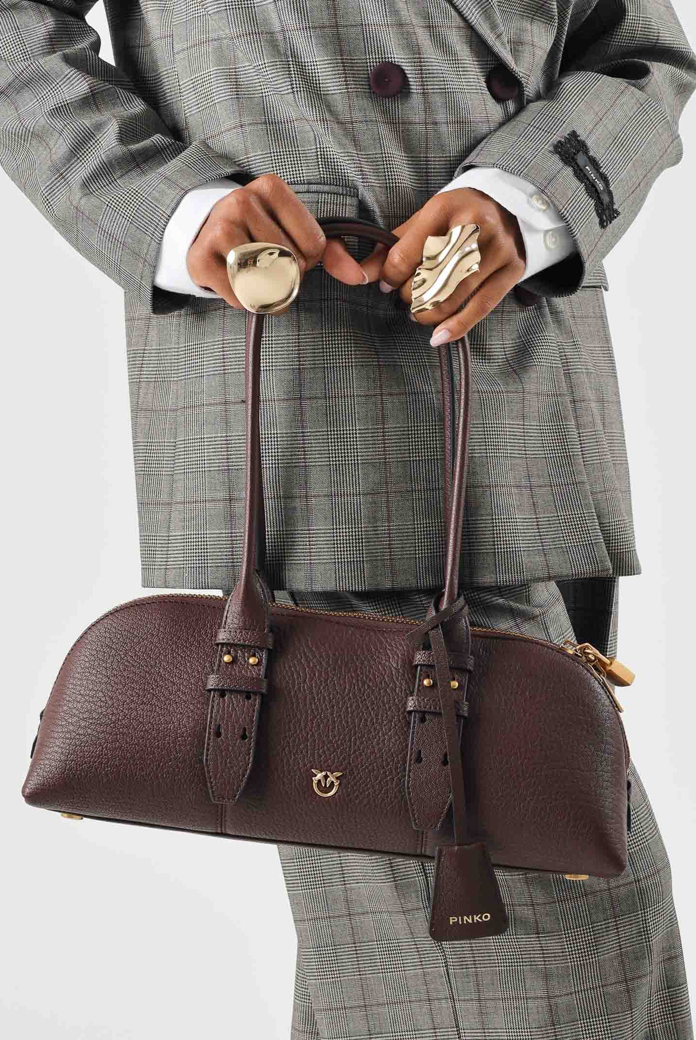 PINKO Borsa BOWLING BAG in pelle, castano intenso bordeaux, da donna in pelle martellata 106169A3CX L88Q PINKO