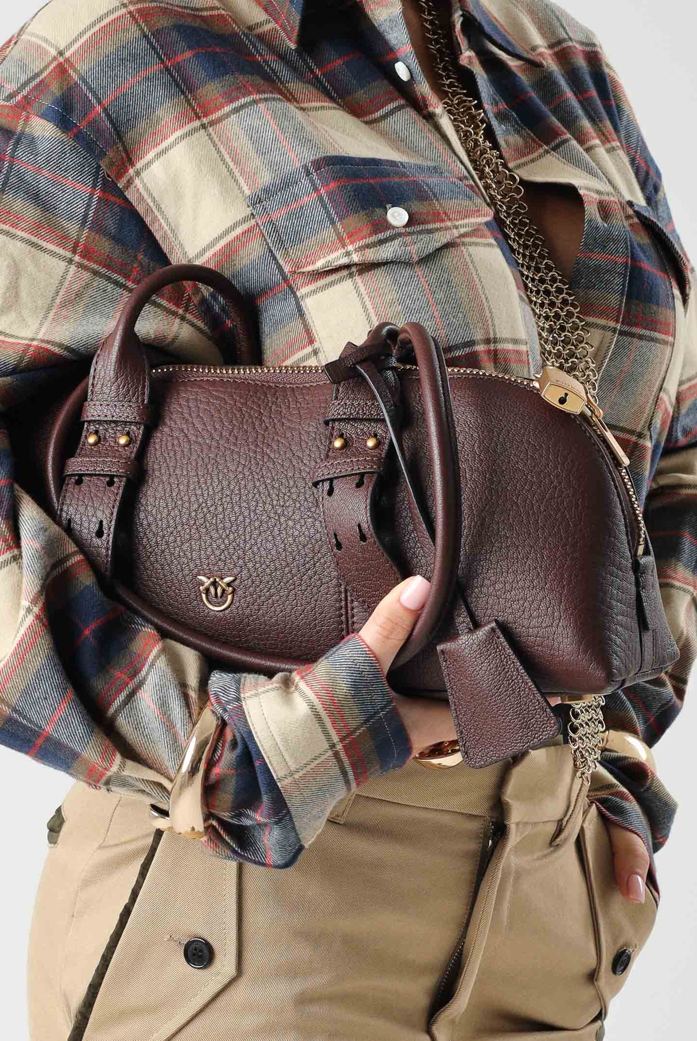 PINKO Borsa BOWLING BAG in pelle, castano intenso bordeaux, da donna in pelle martellata 106169A3CX L88Q PINKO