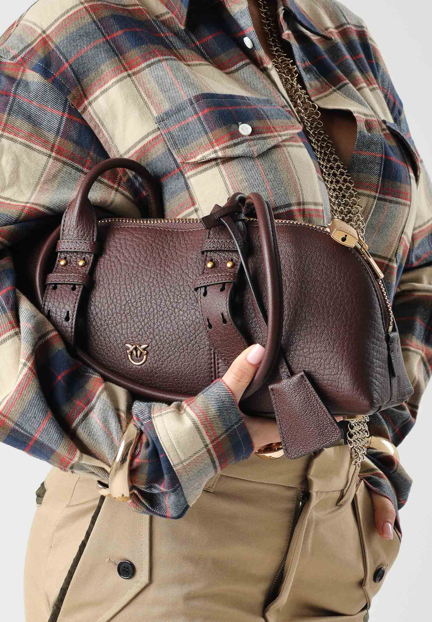 PINKO Borsa BOWLING BAG in pelle, castano intenso bordeaux, da donna in pelle martellata 106169A3CX L88Q PINKO