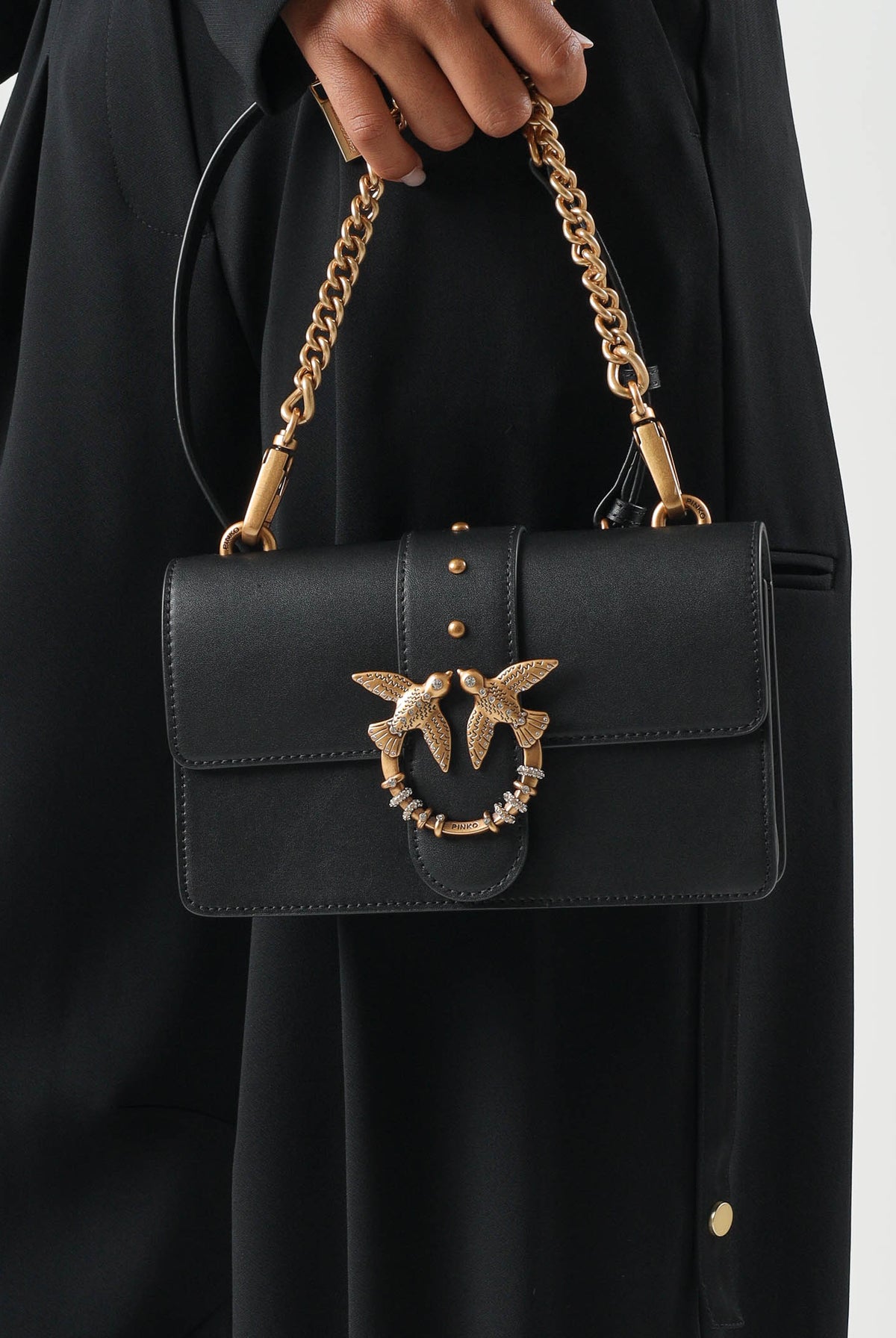 PINKO Borsa Mini LOVE BAG ONE nera da donna con fibbia gioiello Love Birds e tracolla in catena 107071A0F1 Z99Q PINKO