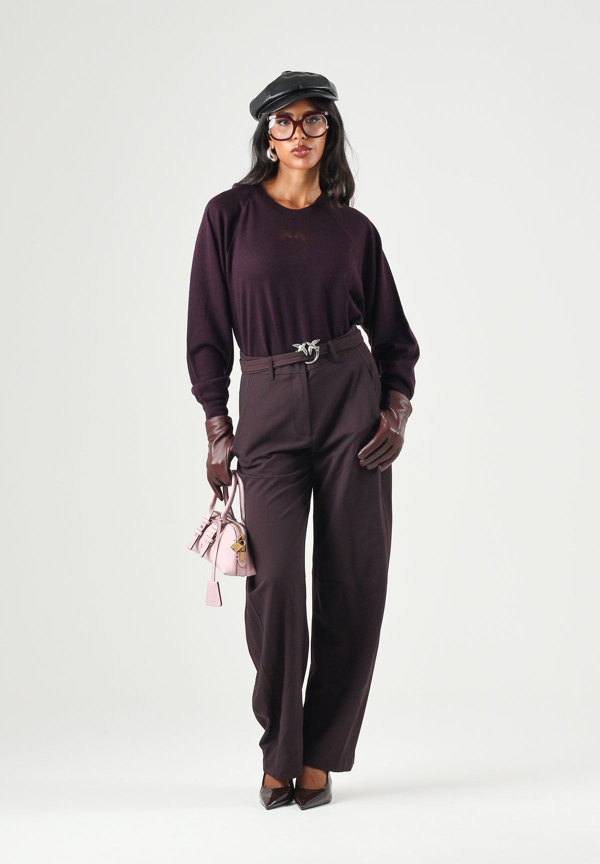 PINKO Pantaloni NEW LEXY bordeaux scuro da donna con cintura e fibbia Love Birds Diamond Cut. 107201A18E RR7 PINKO