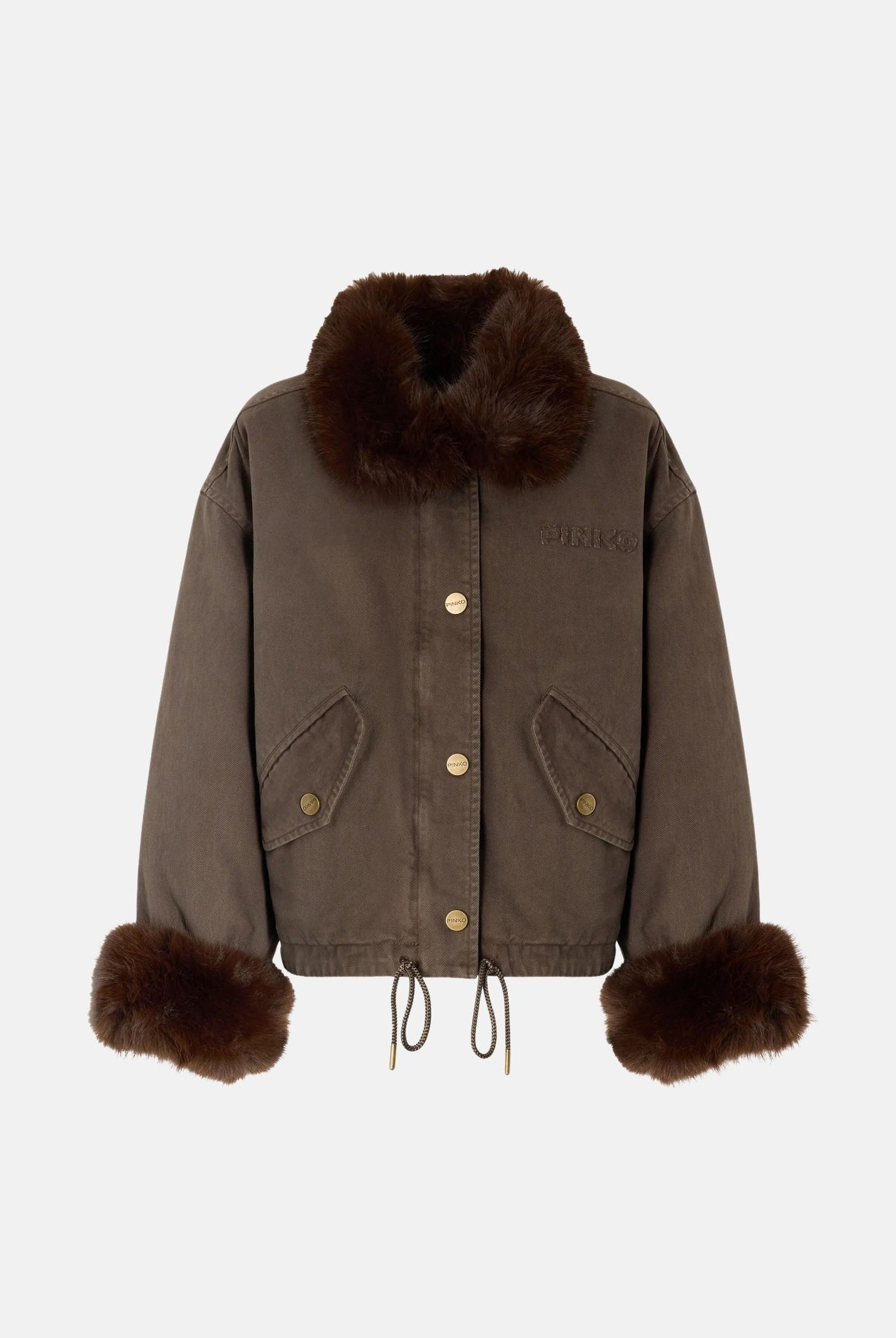 PINKO GARLATE JACKET Montone CABAN marrone caffè-marrrone scuro da donna con collo e polsini effetto pelliccia. 107219A3GV L64 PINKO