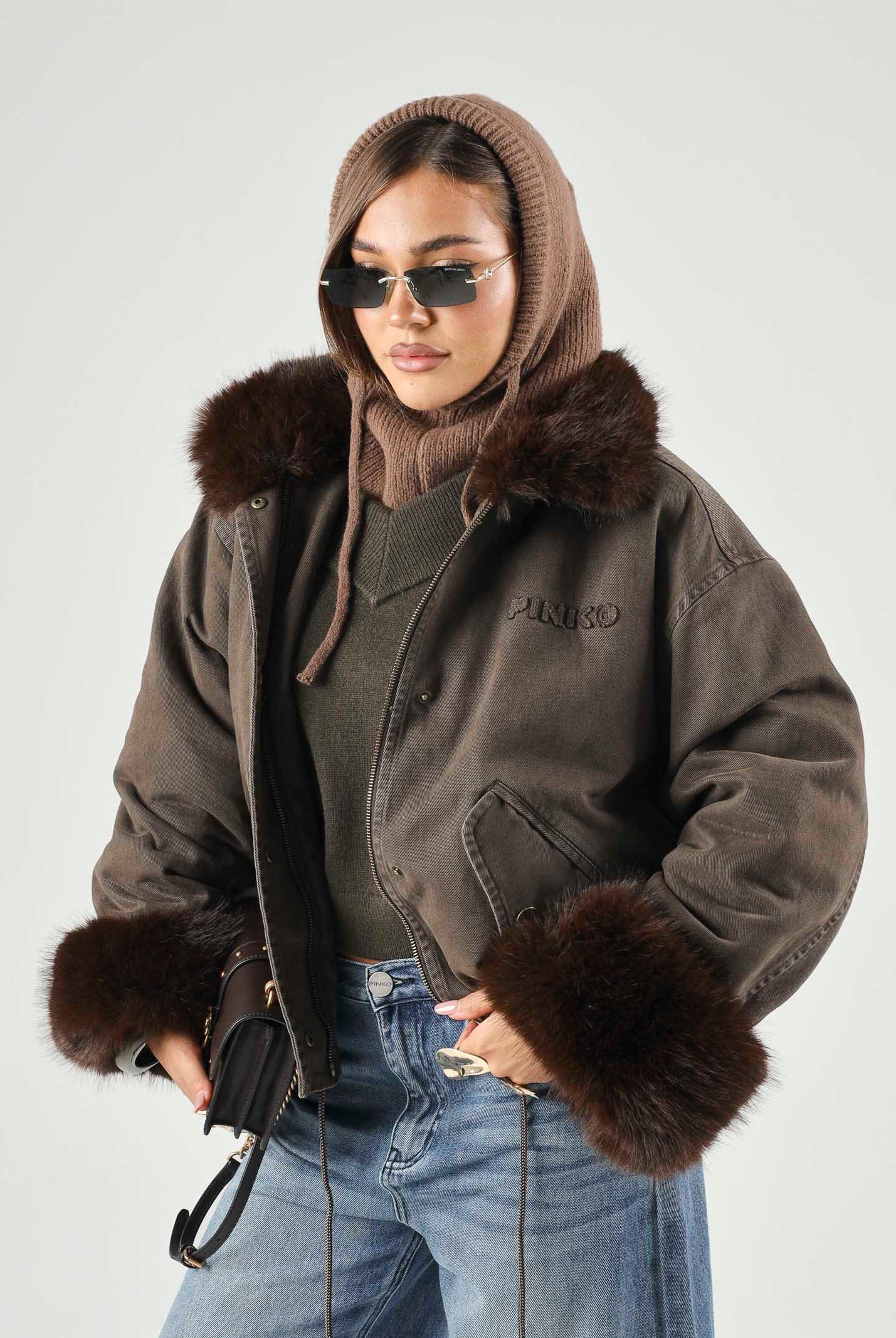 PINKO GARLATE JACKET Montone CABAN marrone caffè-marrrone scuro da donna con collo e polsini effetto pelliccia. 107219A3GV L64 PINKO