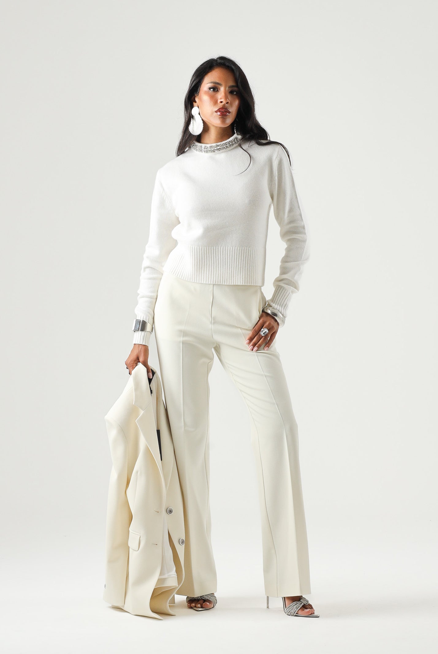 PINKO Maglia BARLINO girocollo Bianco Inverno da donna con dettaglio gioiello. 107274A3GI Z03 PINKO