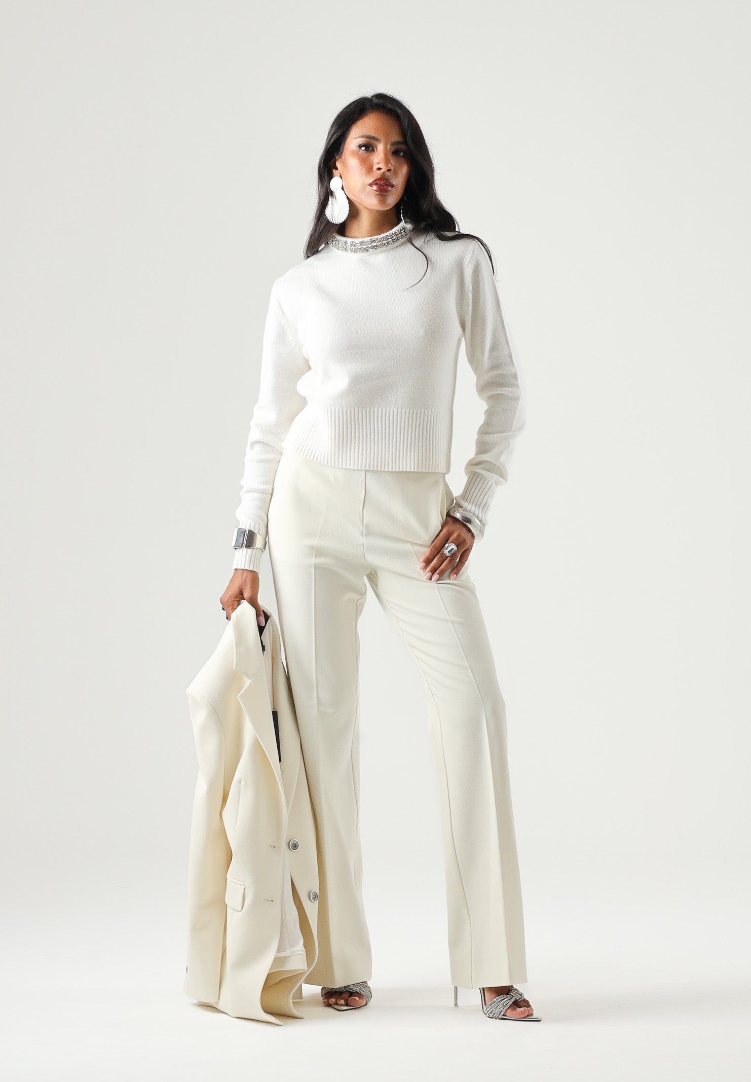 PINKO Maglia BARLINO girocollo Bianco Inverno da donna con dettaglio gioiello. 107274A3GI Z03 PINKO