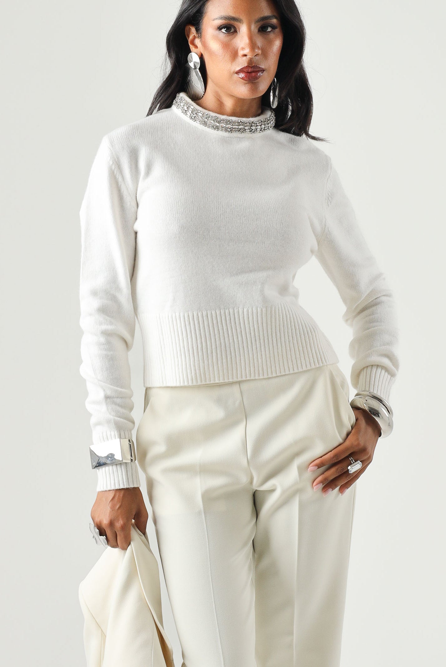 PINKO Maglia BARLINO girocollo Bianco Inverno da donna con dettaglio gioiello. 107274A3GI Z03 PINKO