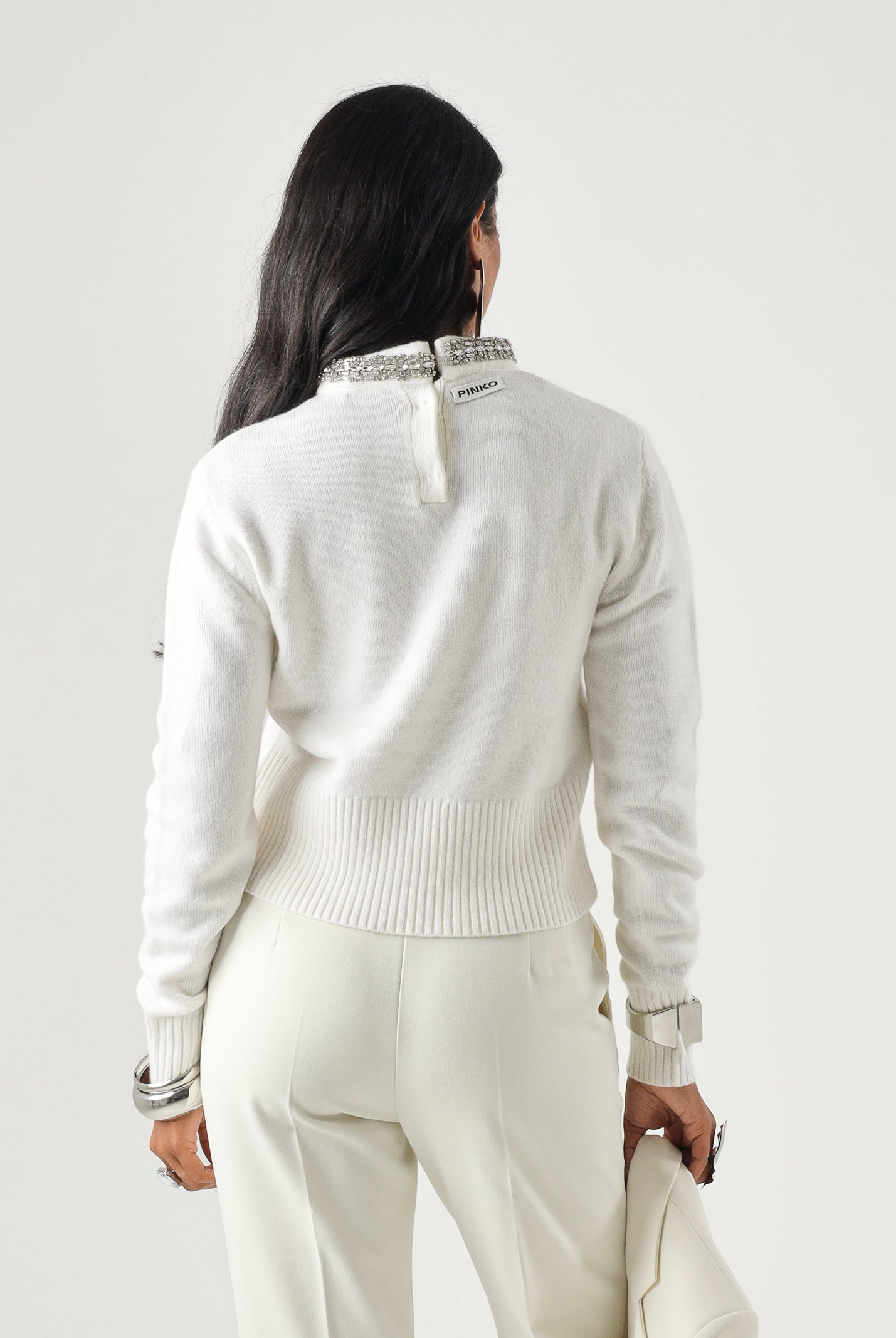 PINKO Maglia BARLINO girocollo Bianco Inverno da donna con dettaglio gioiello. 107274A3GI Z03 PINKO