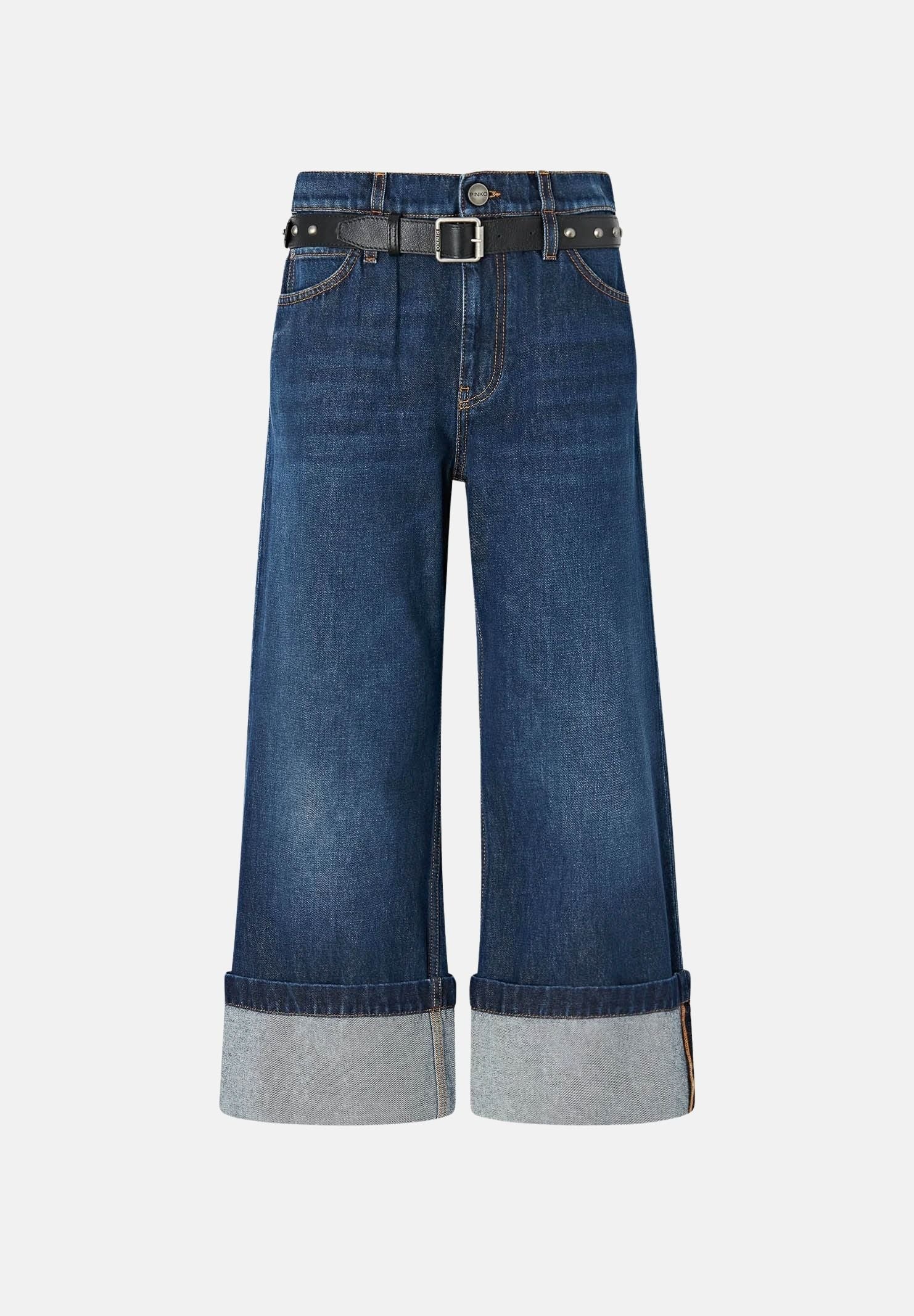 PINKO Jeans CYNTIA TURN UP cropped wide leg lavaggio scuro da donna con risvolto al fondo. 107277A3HG PJB PINKO