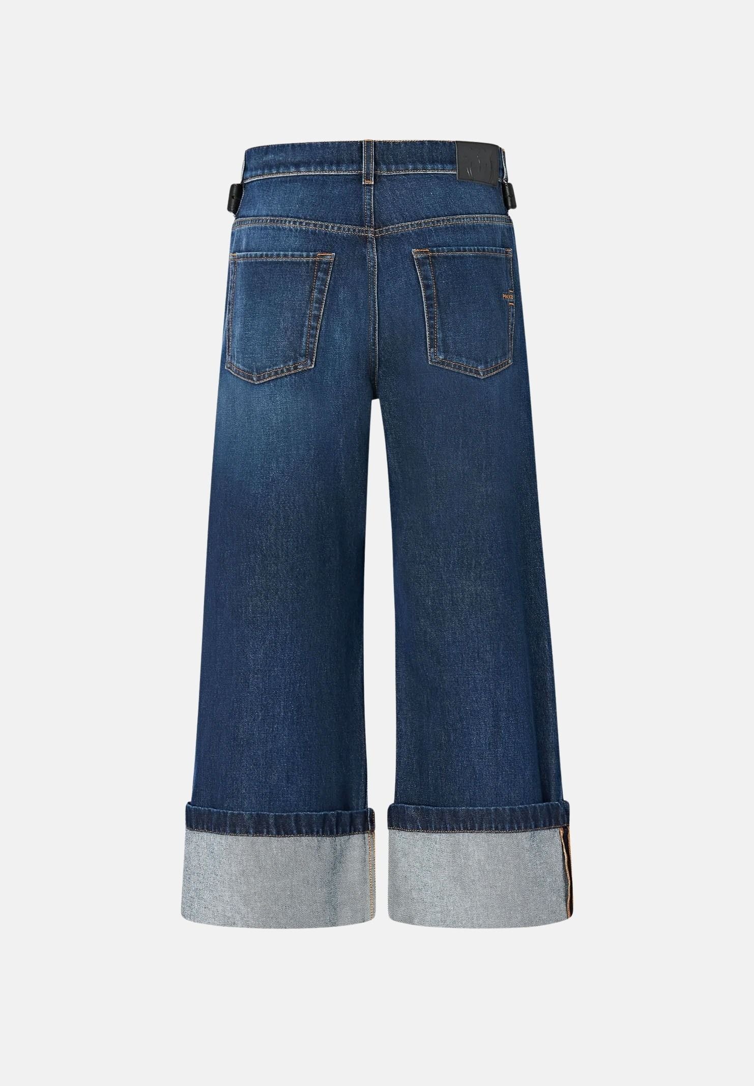 PINKO Jeans CYNTIA TURN UP cropped wide leg lavaggio scuro da donna con risvolto al fondo. 107277A3HG PJB PINKO