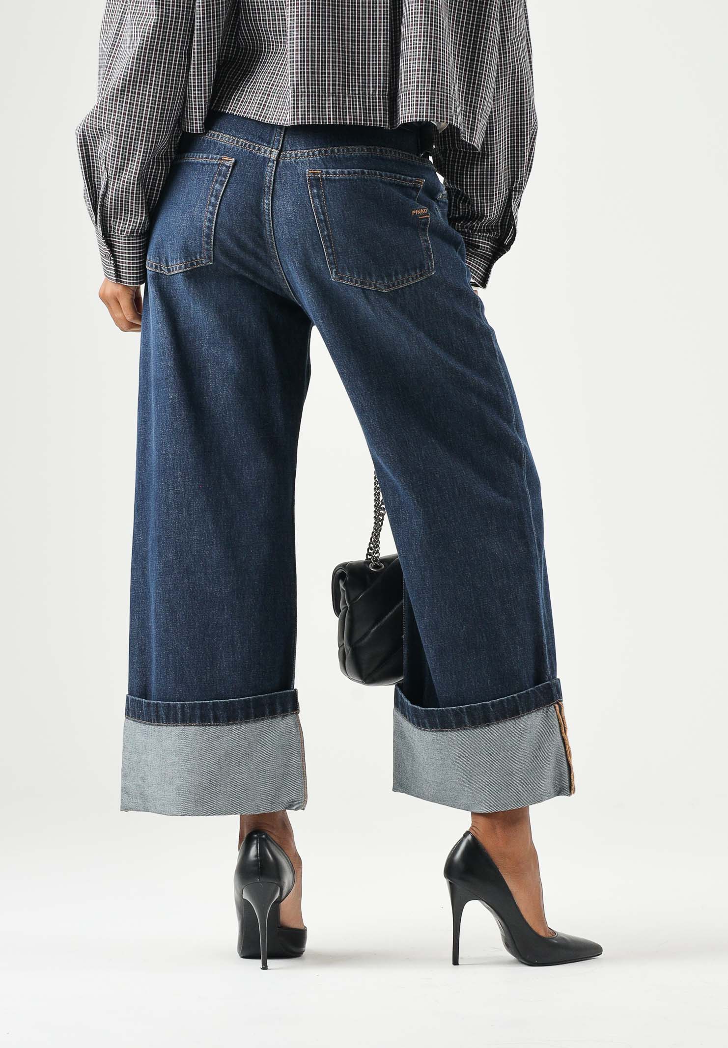 PINKO Jeans CYNTIA TURN UP cropped wide leg lavaggio scuro da donna con risvolto al fondo. 107277A3HG PJB PINKO