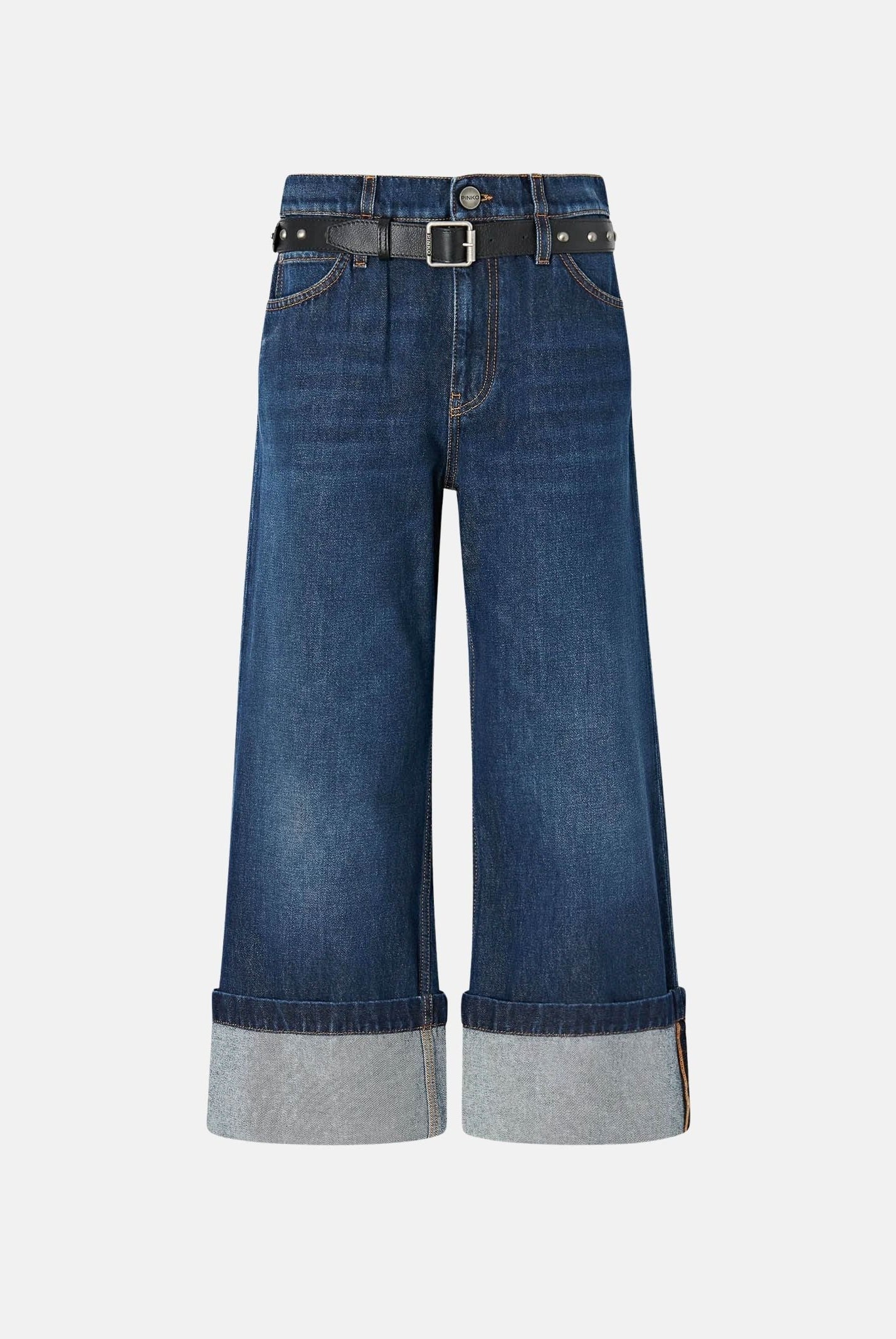PINKO Jeans CYNTIA TURN UP cropped wide leg lavaggio scuro da donna con risvolto al fondo. 107277A3HG PJB PINKO