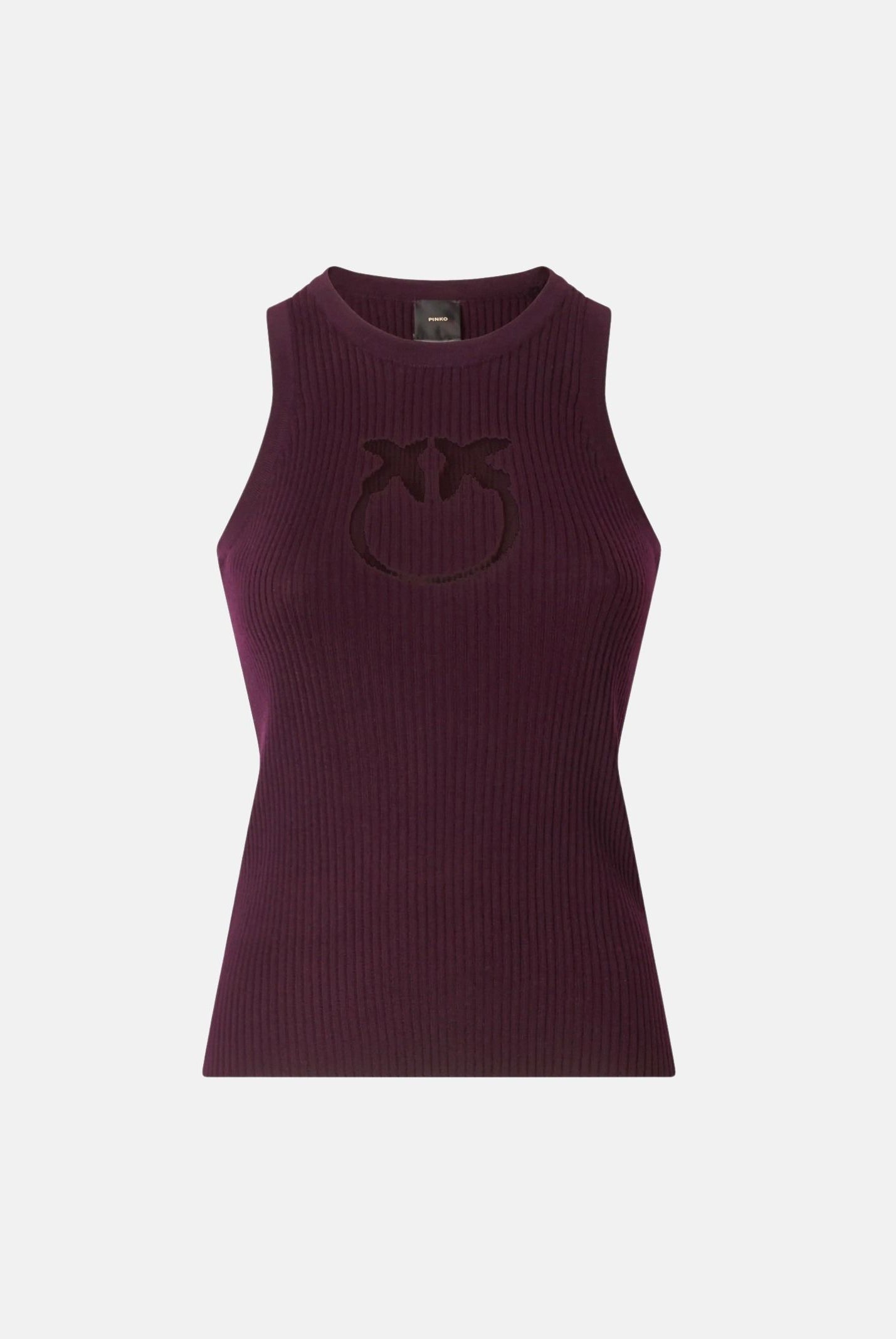 PINKO Top smanicato NEWCASTLE in maglia viola prugna, da donna con dettaglio logo frontale 107321A18M W63 PINKO