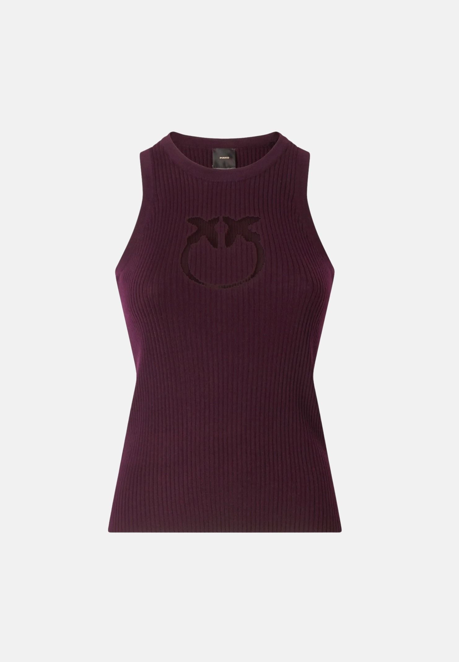 PINKO Top smanicato NEWCASTLE in maglia viola prugna, da donna con dettaglio logo frontale 107321A18M W63 PINKO