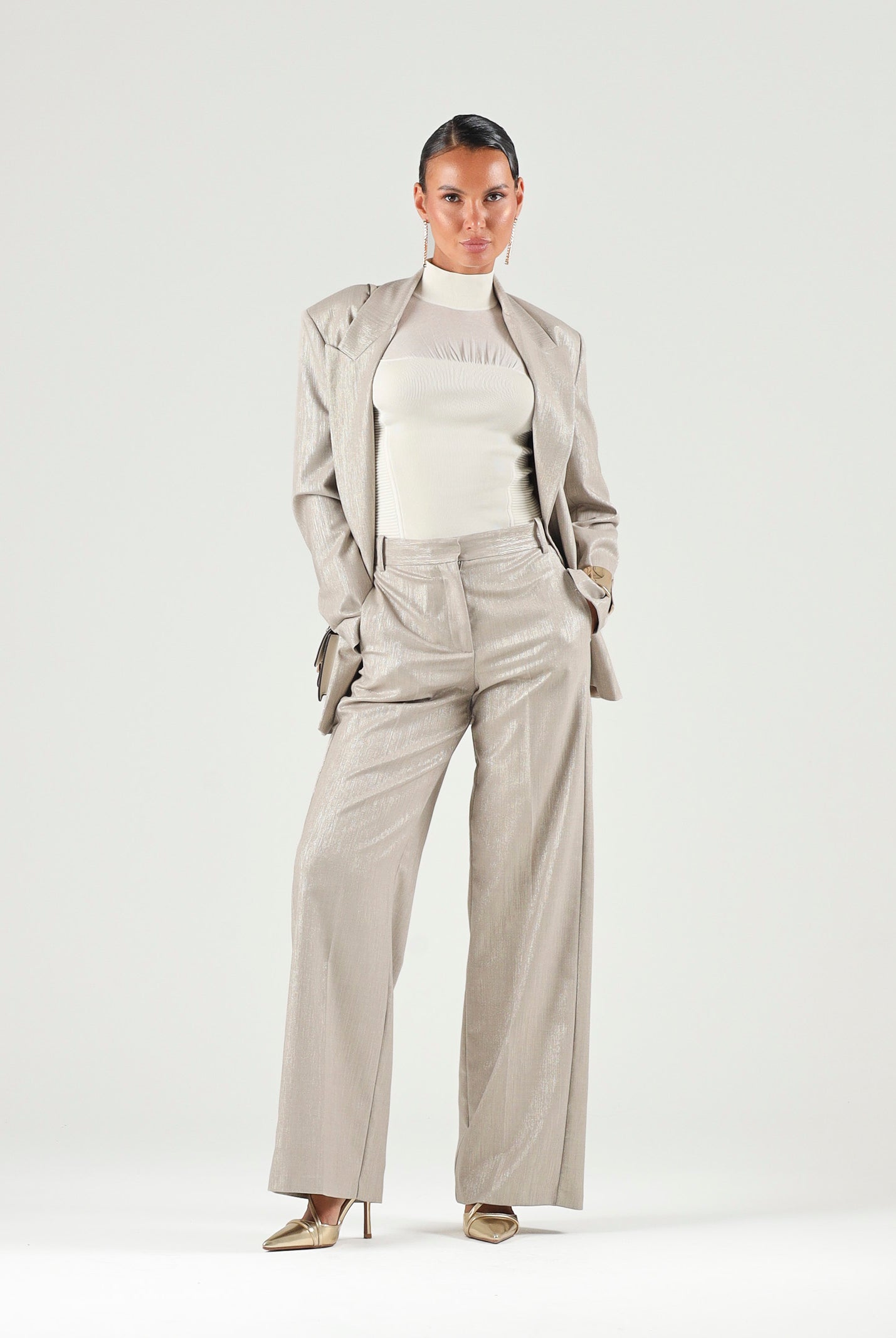 PINKO Pantaloni palazzo METAL WOOL Multi Beige-Oro da donna. 107422A3G4 CH3 PINKO