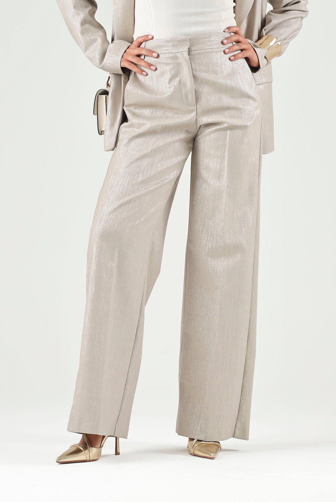PINKO Pantaloni palazzo METAL WOOL Multi Beige-Oro da donna. 107422A3G4 CH3 PINKO