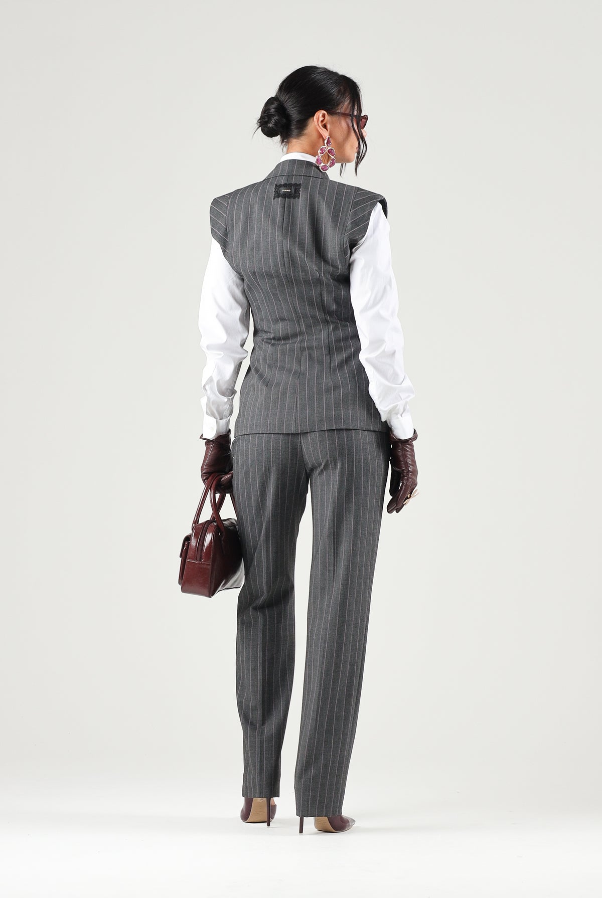 PINKO Gilet GENISTA grigio e rosa per donna con motivi gessati e spalle strutturate 107428A3FF IN4 PINKO