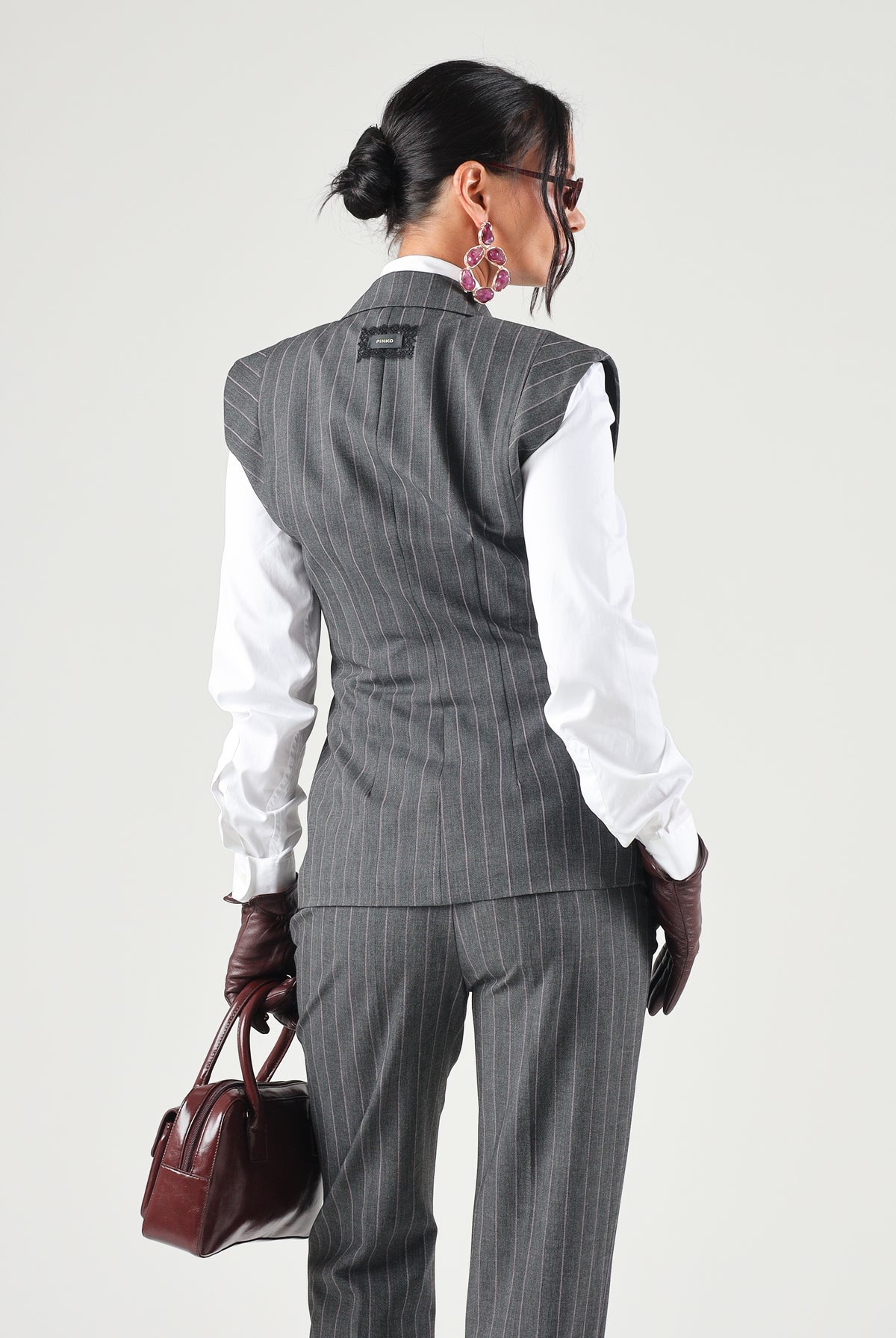 PINKO Gilet GENISTA grigio e rosa per donna con motivi gessati e spalle strutturate 107428A3FF IN4 PINKO
