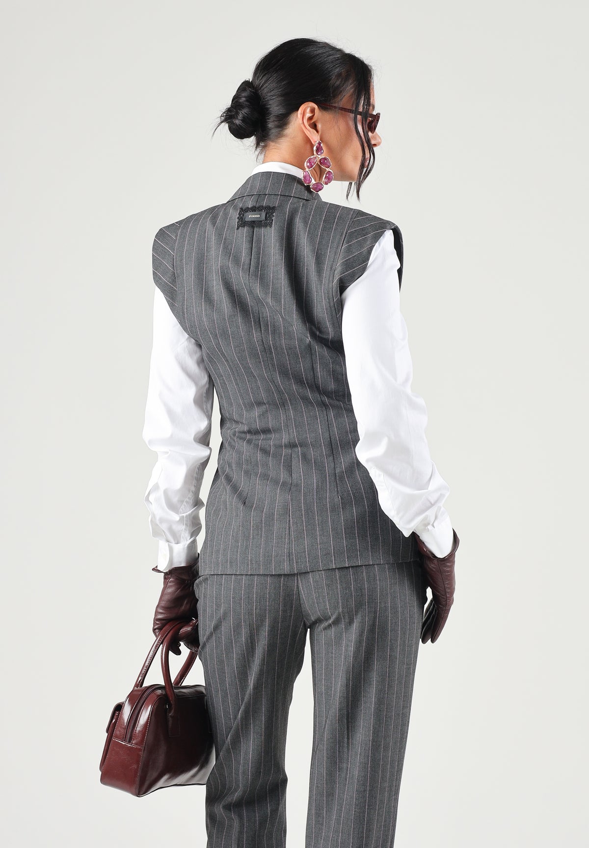 PINKO Gilet GENISTA grigio e rosa per donna con motivi gessati e spalle strutturate 107428A3FF IN4 PINKO