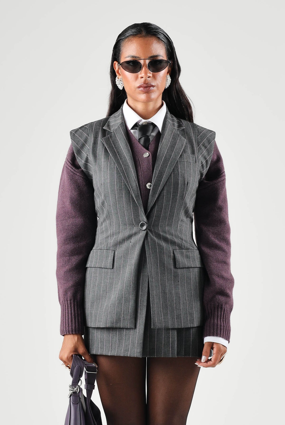 PINKO Gilet GENISTA grigio e rosa per donna con motivi gessati e spalle strutturate 107428A3FF IN4 PINKO