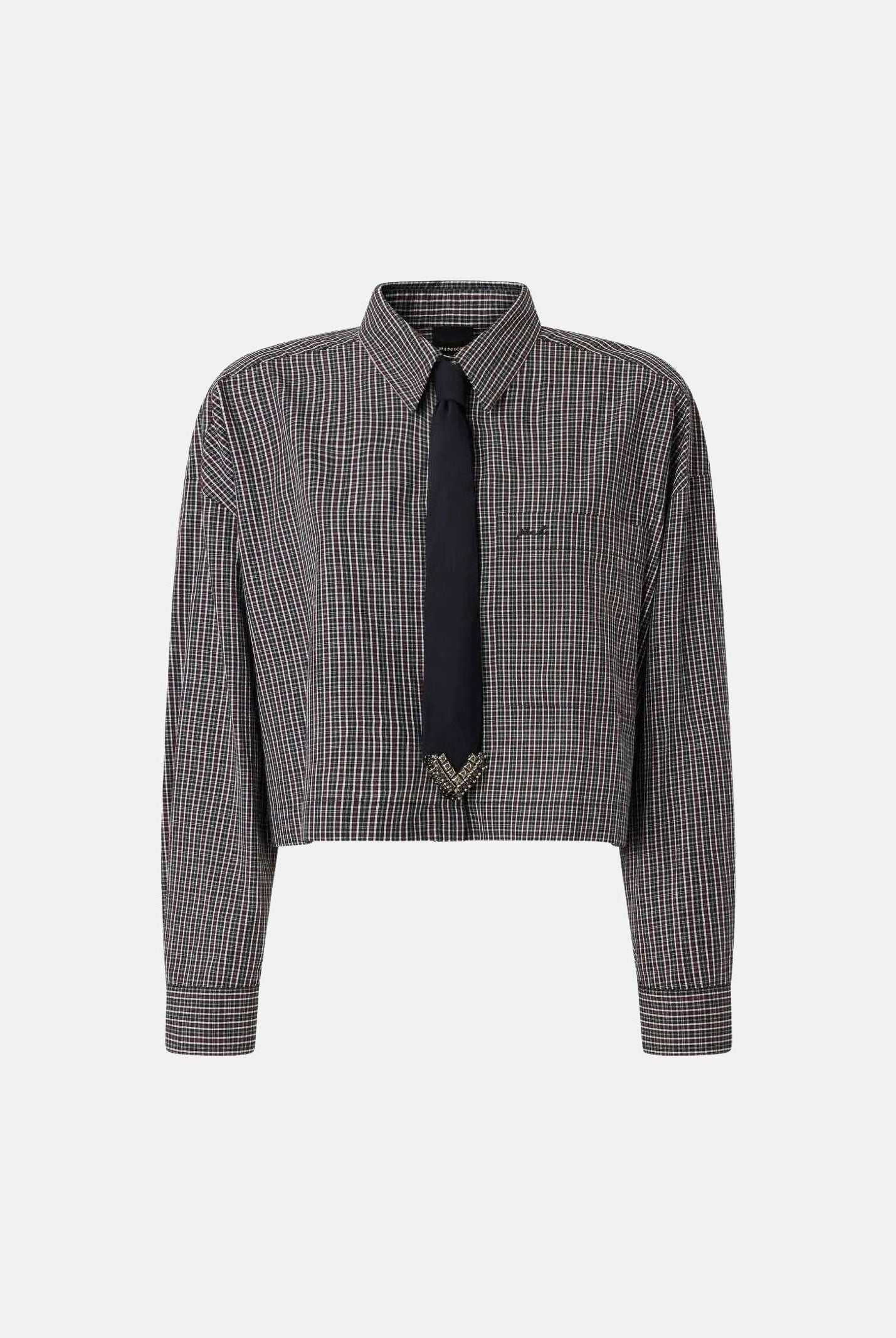 PINKO Camicia CARLINA cropped a quadretti con cravatta nero-bianco-rosa nero, colore basico nero, donna. 107453A3FQ ZF6 PINKO