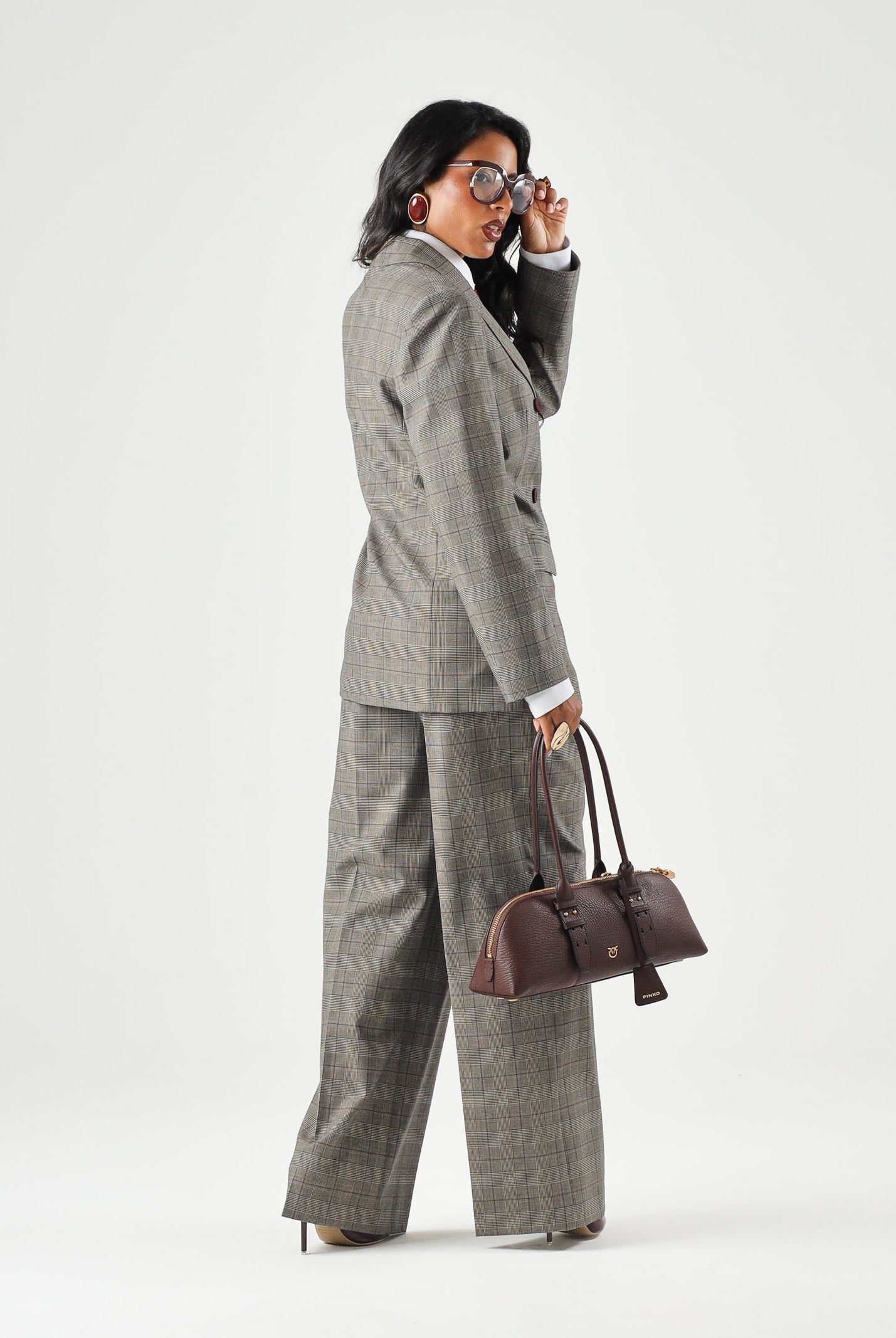 PINKO Pantaloni eleganti PLUMERIA beige-bordeaux da donna con fantasia check e dettaglio sartoriale. 107476A3FF CYZ PINKO