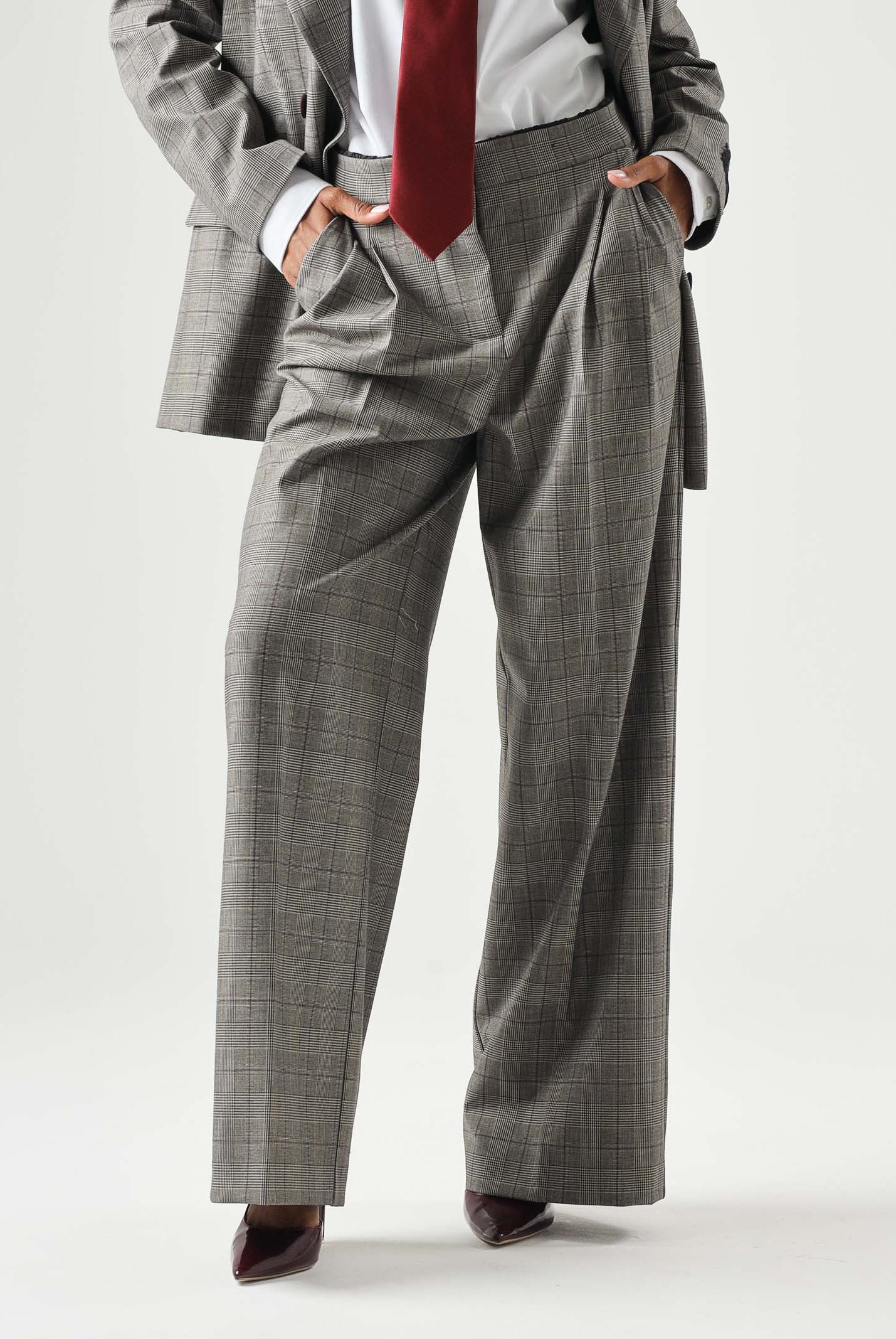 PINKO Pantaloni eleganti PLUMERIA beige-bordeaux da donna con fantasia check e dettaglio sartoriale. 107476A3FF CYZ PINKO