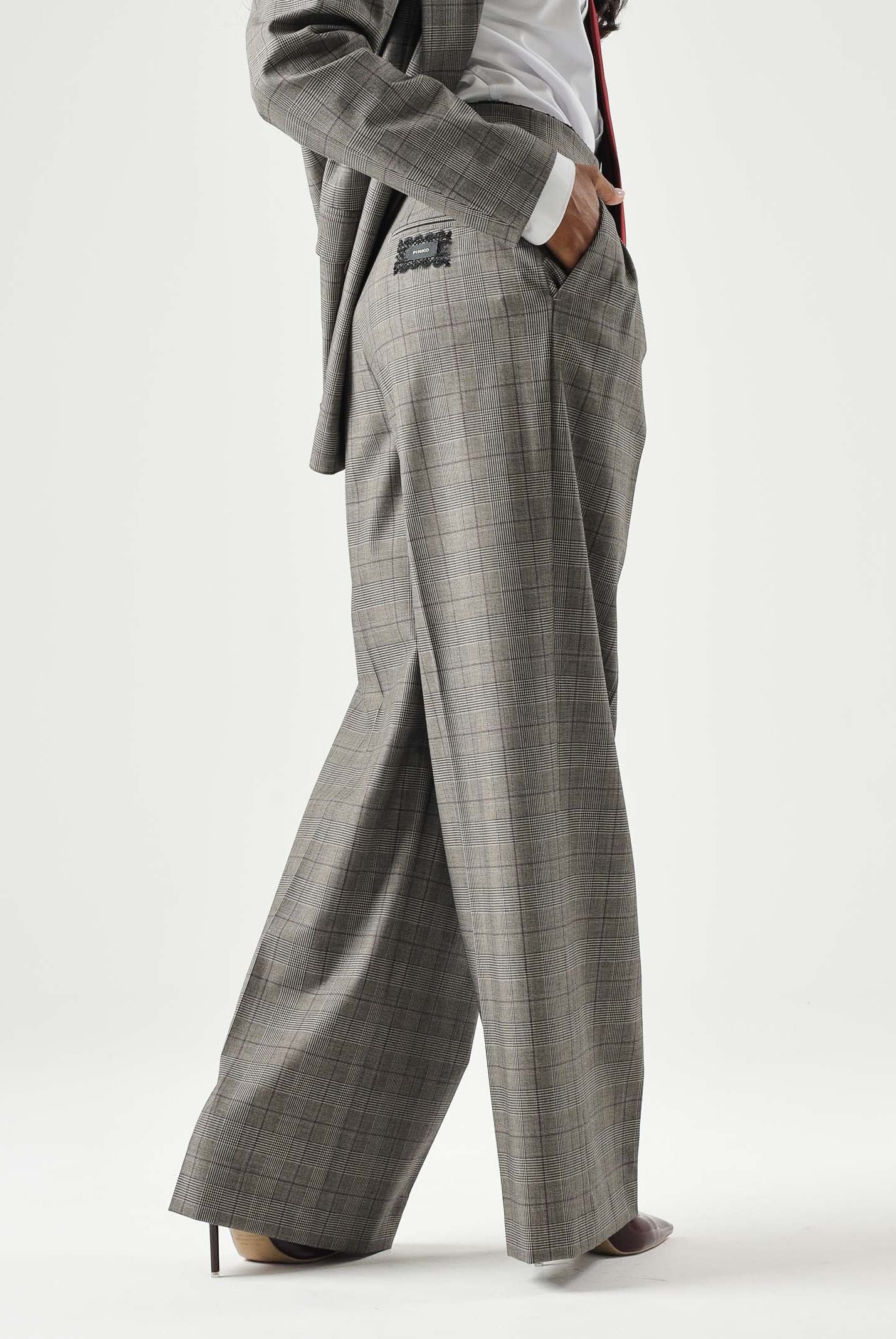 PINKO Pantaloni eleganti PLUMERIA beige-bordeaux da donna con fantasia check e dettaglio sartoriale. 107476A3FF CYZ PINKO