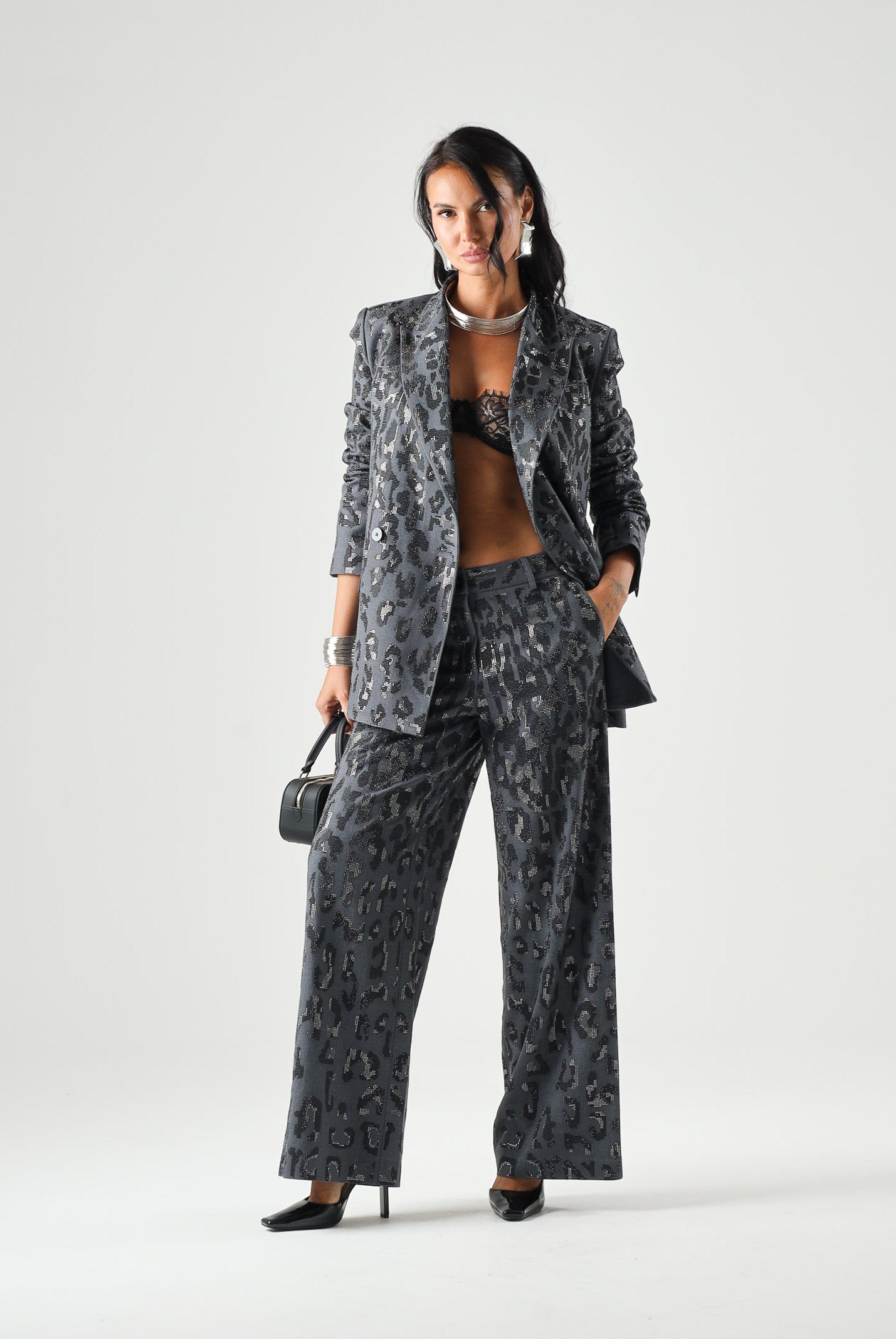 PINKO Giacca JAGUAR doppiopetto dark grigio, grigio scuro da donna <BR/> con motivo jaguar in microstrass. 107519A3GO I90 PINKO