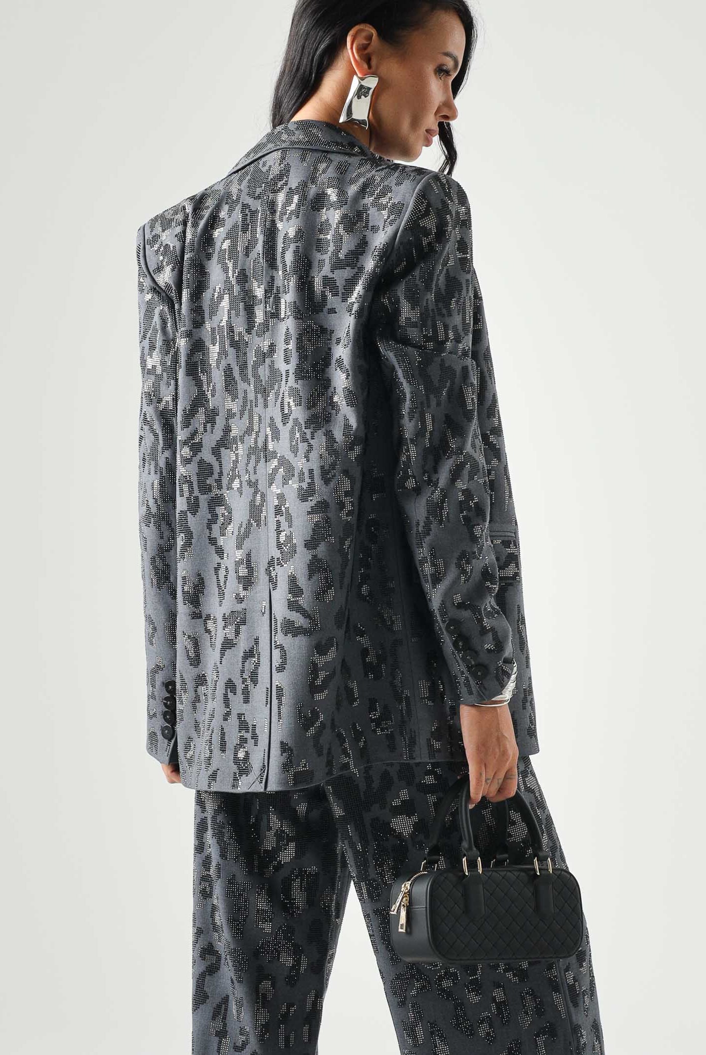 PINKO Giacca JAGUAR doppiopetto Giacca doppiopetto con strass e motivo jaguar grey dark grigio, colore basico grigio, donna. 107519A3GO I90 PINKO